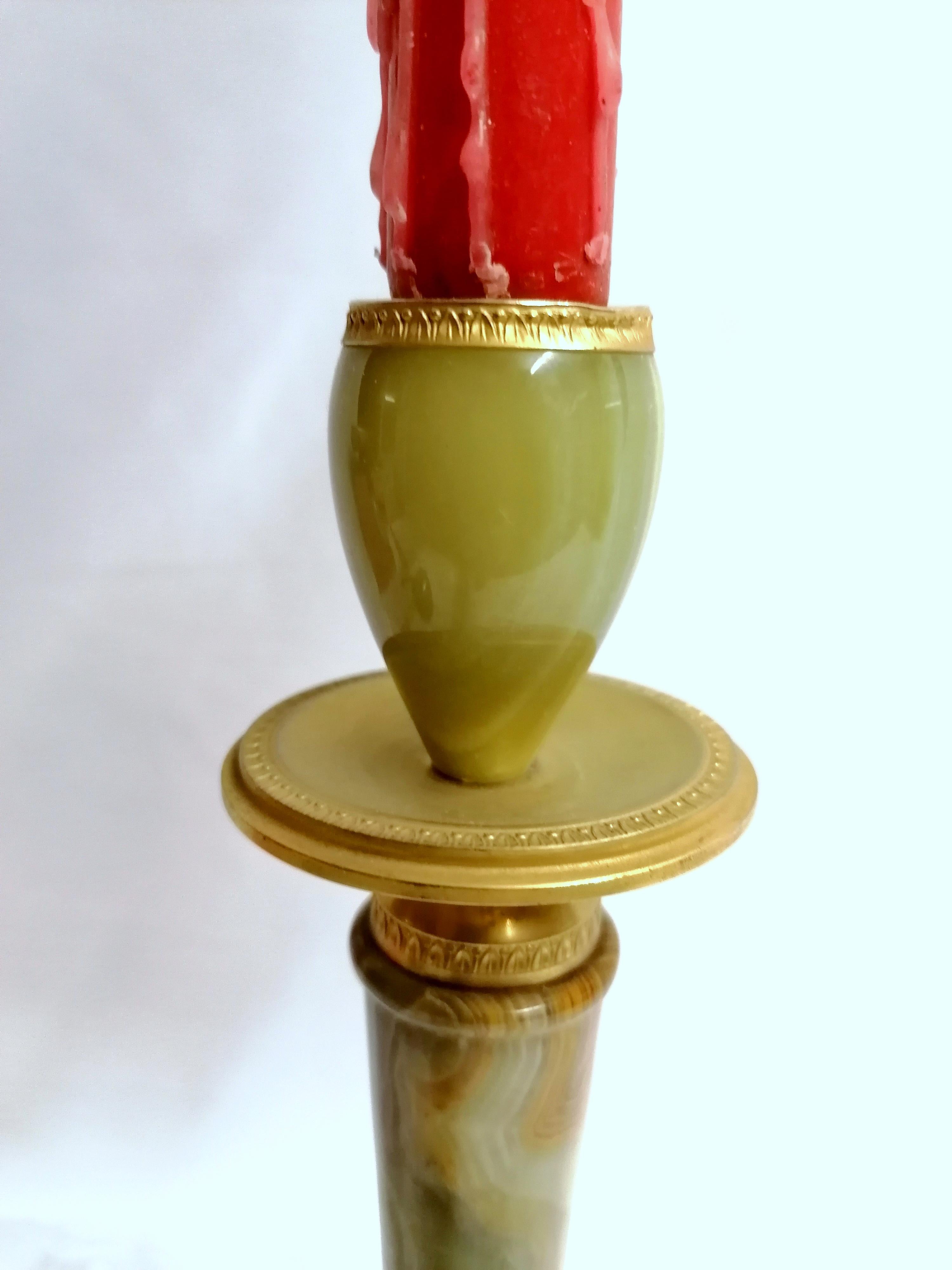 Art Deco Italian Onyx and Brass Candle Stick Antique Candle Holder For Sale