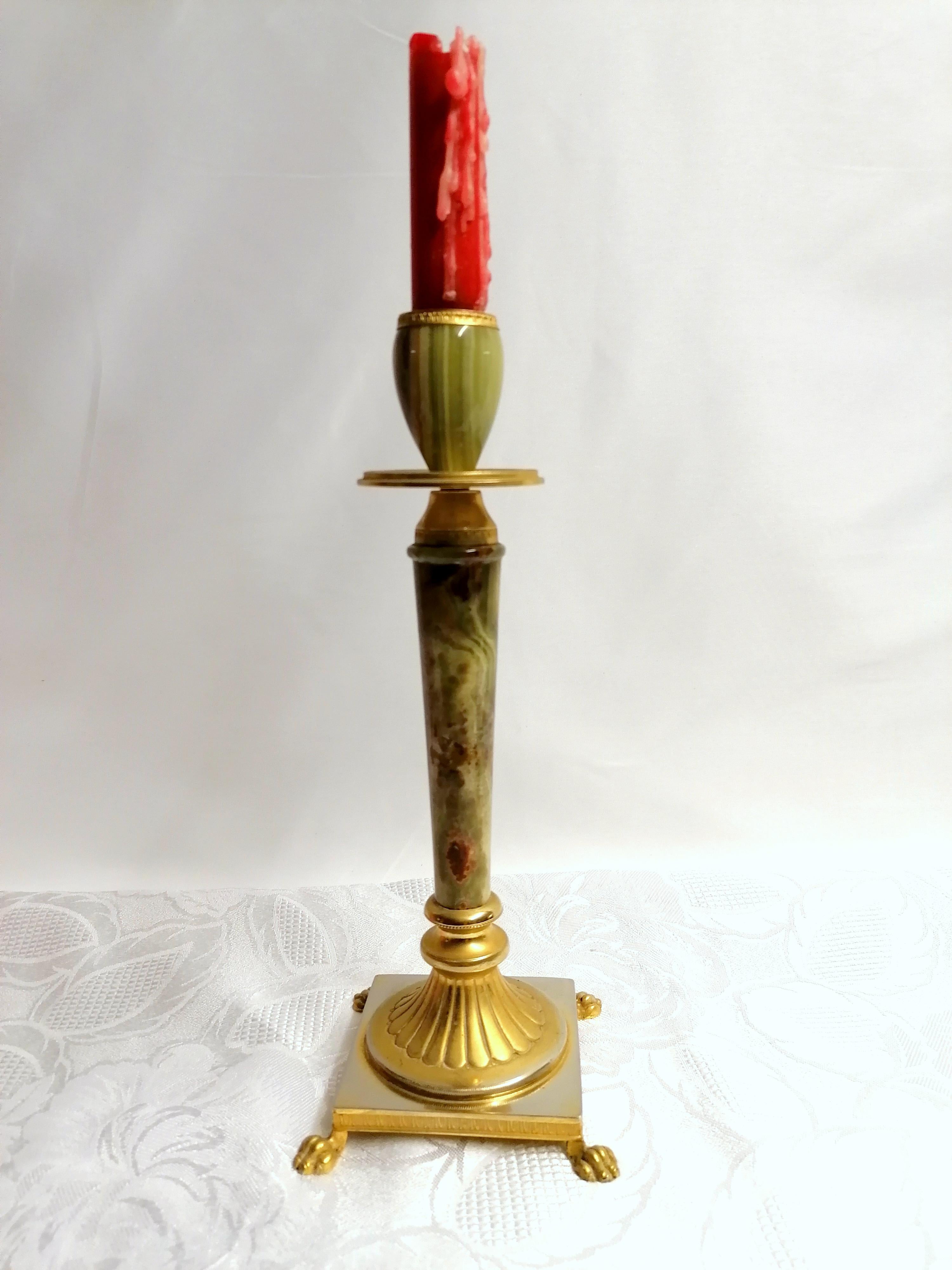 Italian Onyx and Brass Candle Stick Antique Candle Holder For Sale 2