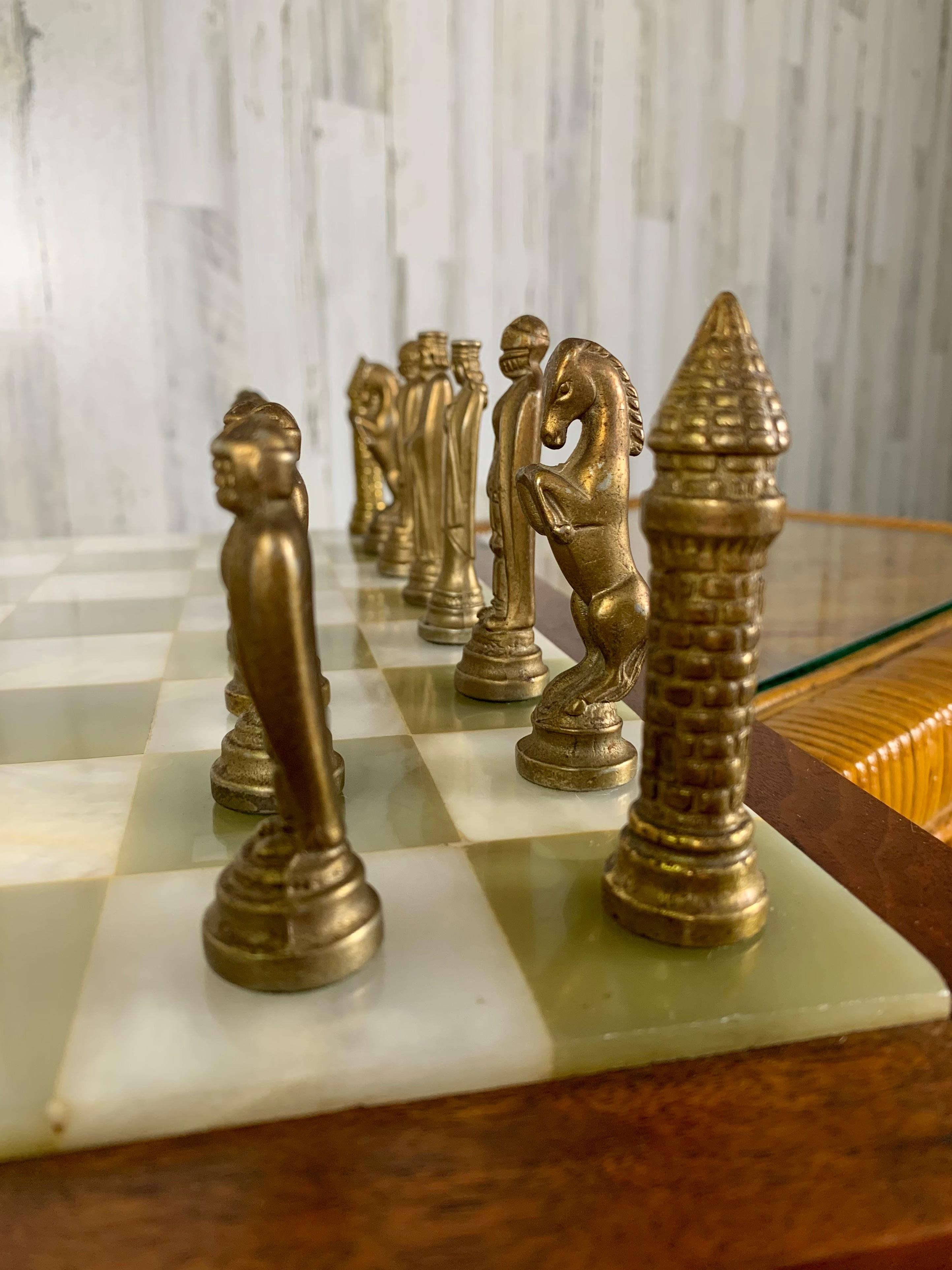 20th Century Italian Onyx and Brass Chess Set