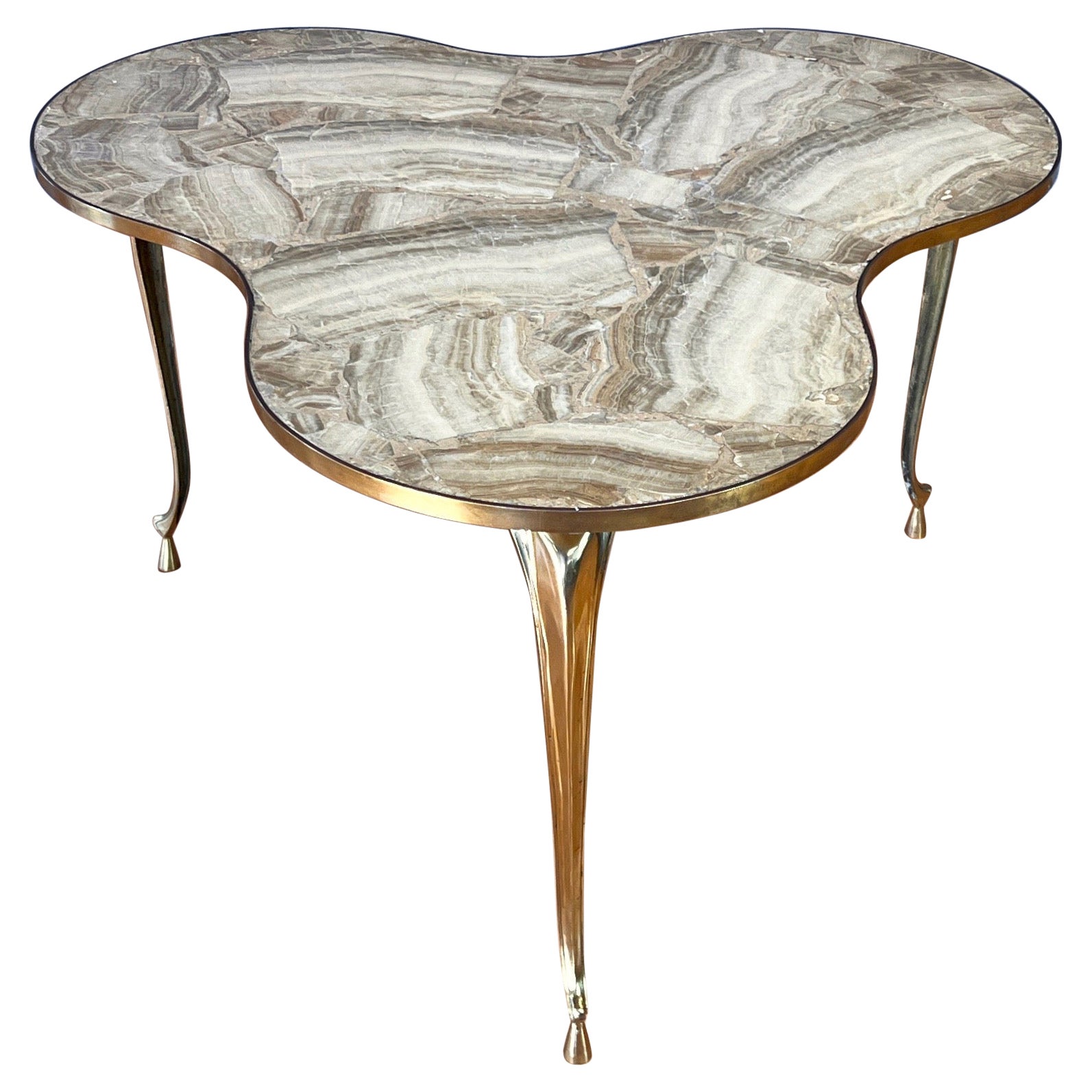 Italian Onyx and Brass Trefoil Top Three-Legged Side Table, 1950s For Sale