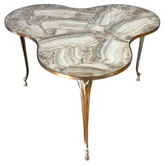 Italian Onyx and Brass Trefoil Top Three-Legged Side Table, 1950s