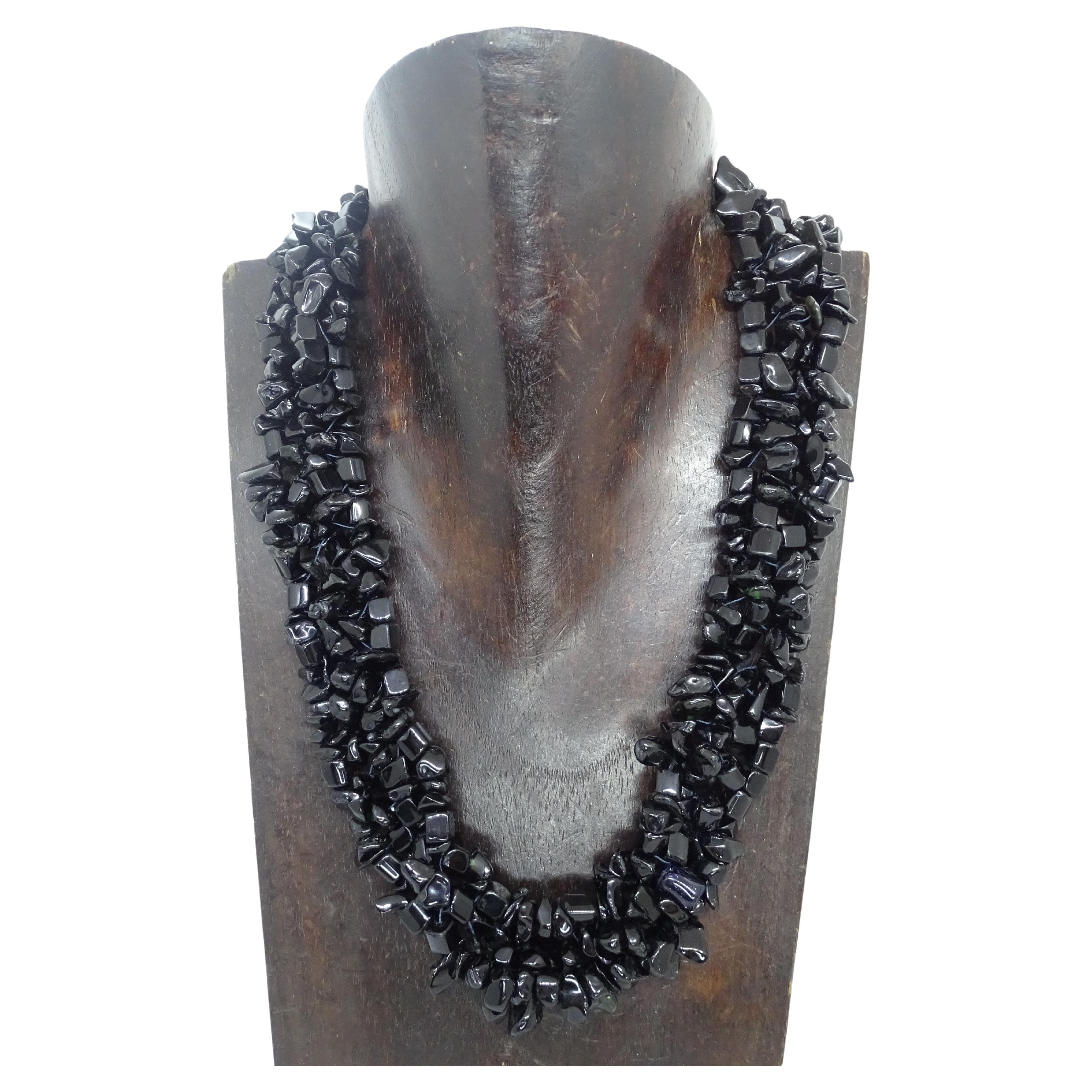 Italian Onyx and silver braided thread necklace , 90s For Sale