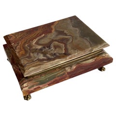 Italian Onyx Marble and Brass Box in Brown, Amber, Taupe and Red
