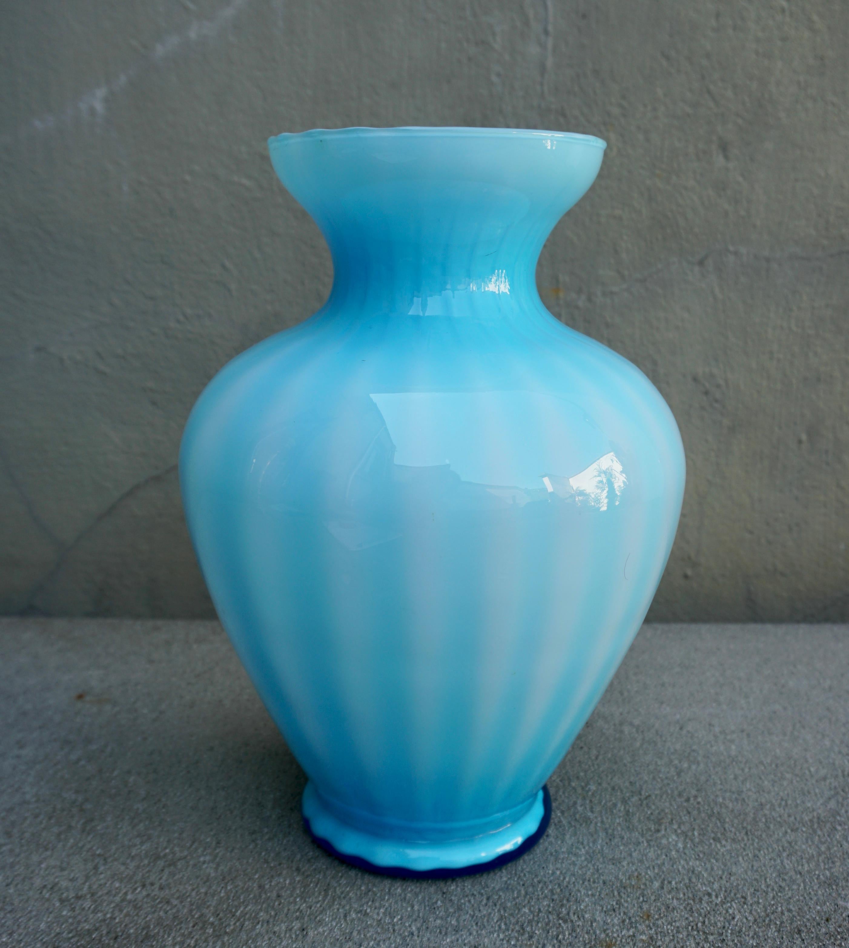 Mid-Century Modern Italian Opal Blue Murano Glass Vase For Sale