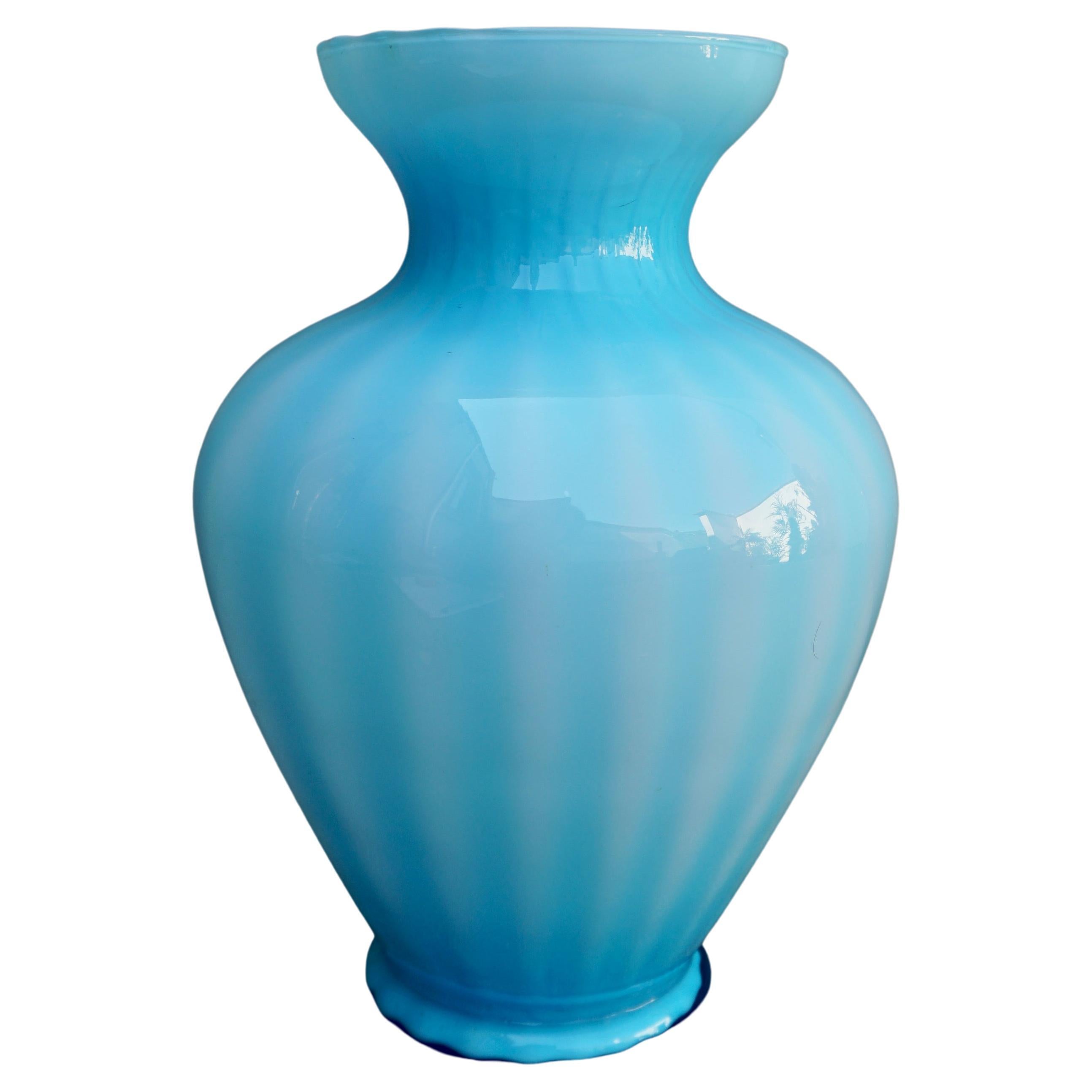 Italian Opal Blue Murano Glass Vase For Sale