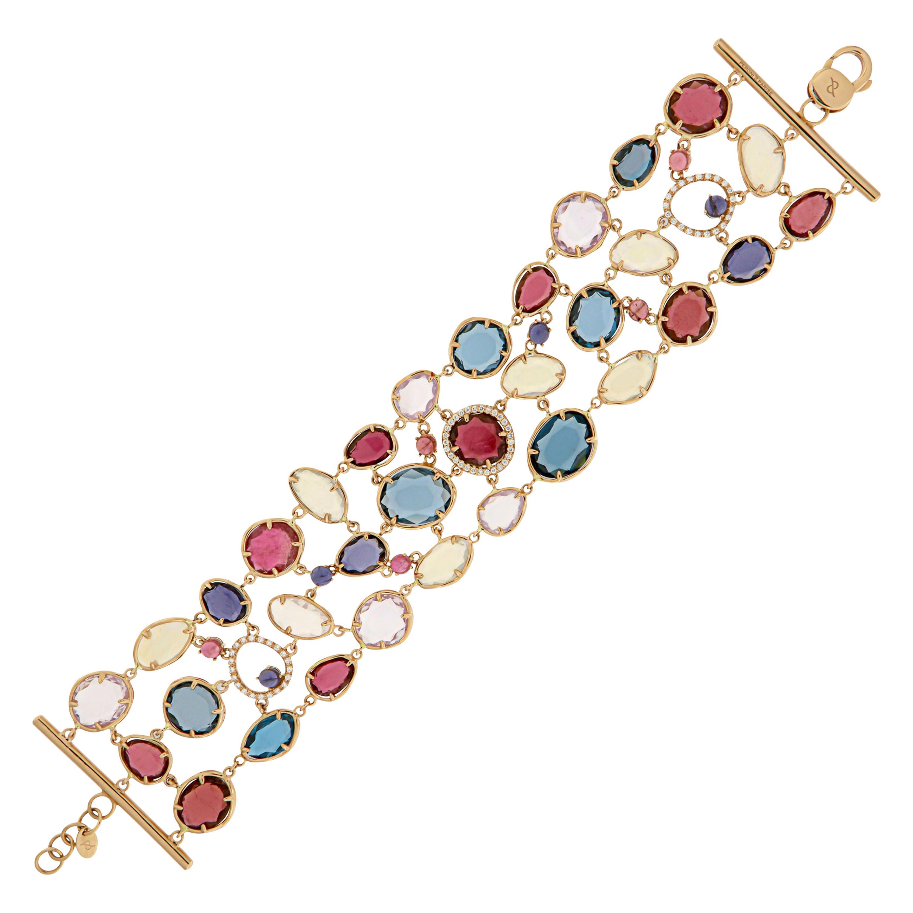 Bracelet italien en or 18 carats avec rangées d'opales, d'opales, de quartz, de lilas et de diamants en forme de tournesol pour elle