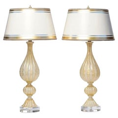Italian Opaline and Gold Murano Lamps with Lucite Bases, 20th Century