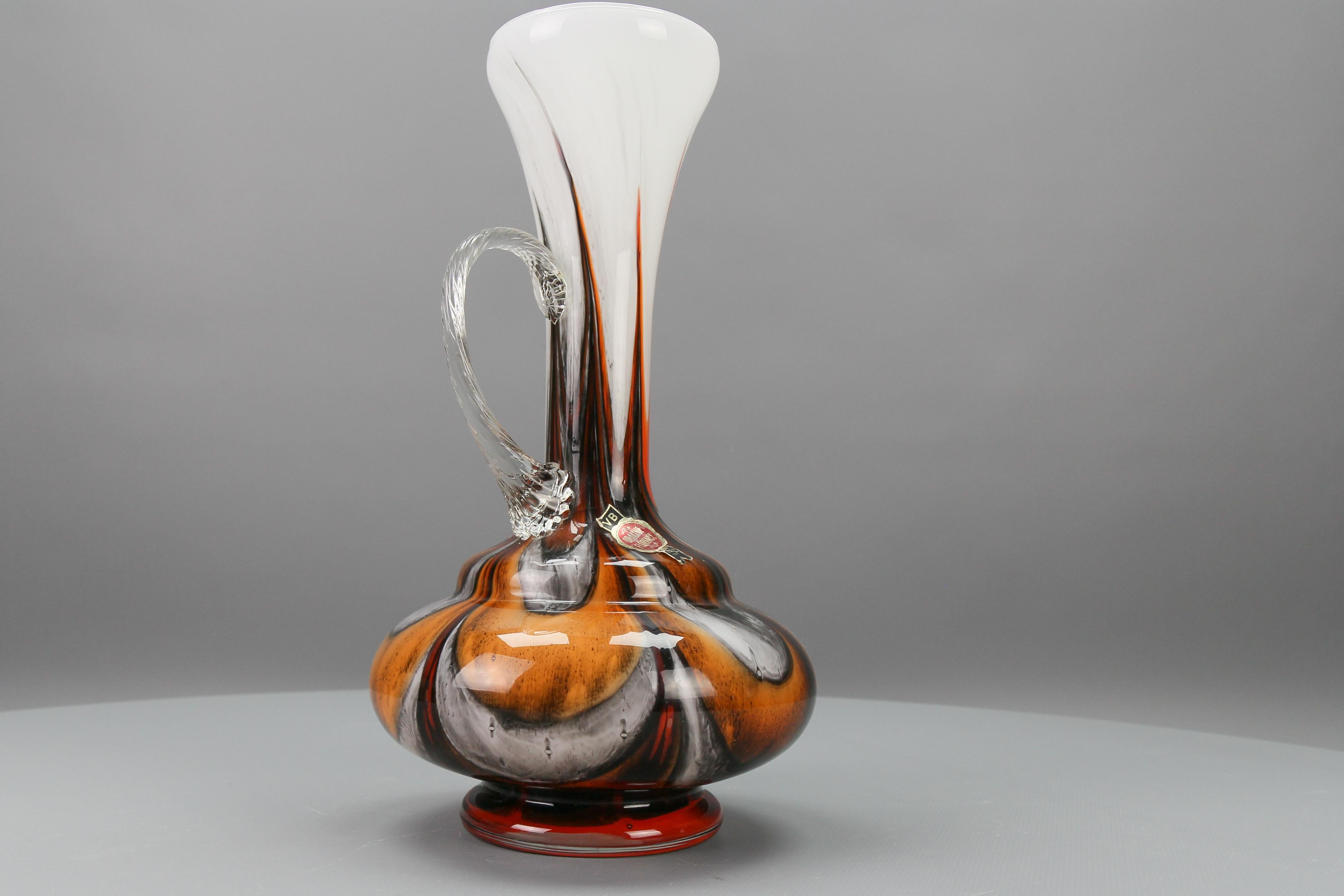 Mid-Century Modern Italian Opaline Florence Glass Vase in White, Brown, Orange by Vetreria Barbieri For Sale