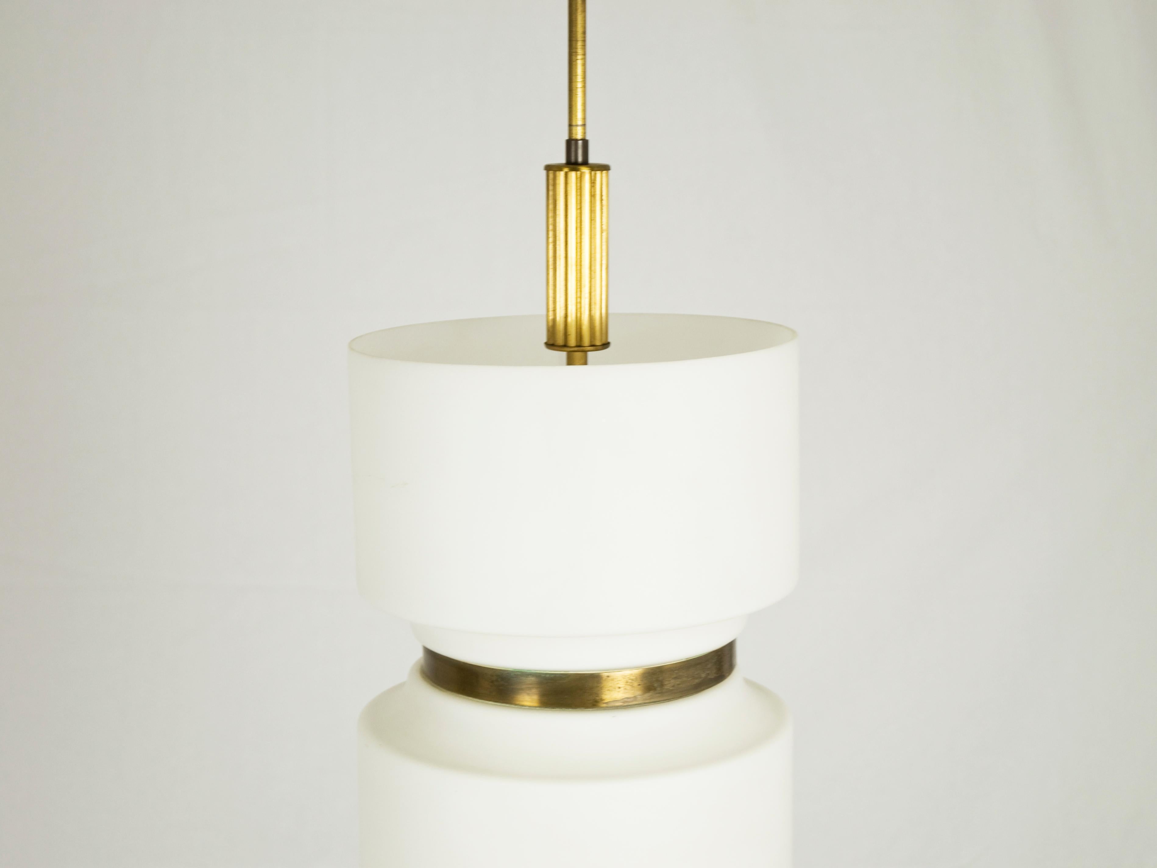 Painted Italian Opaline Glass and Brass 1950s Pendant by Oscar Torlasco for Lumi