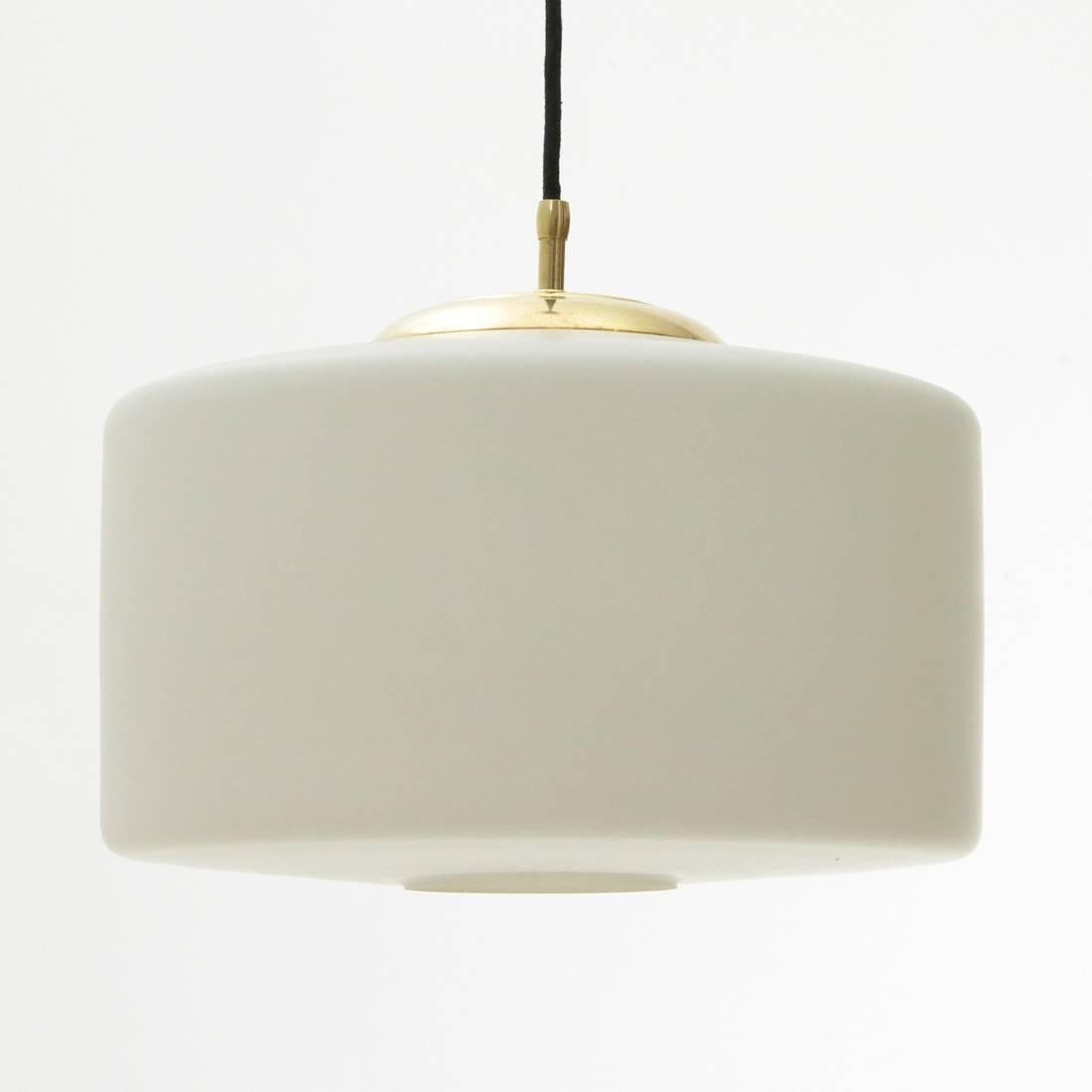 Italian Opaline Glass and Brass Pendant Lamp, 1950s In Good Condition In Savona, IT