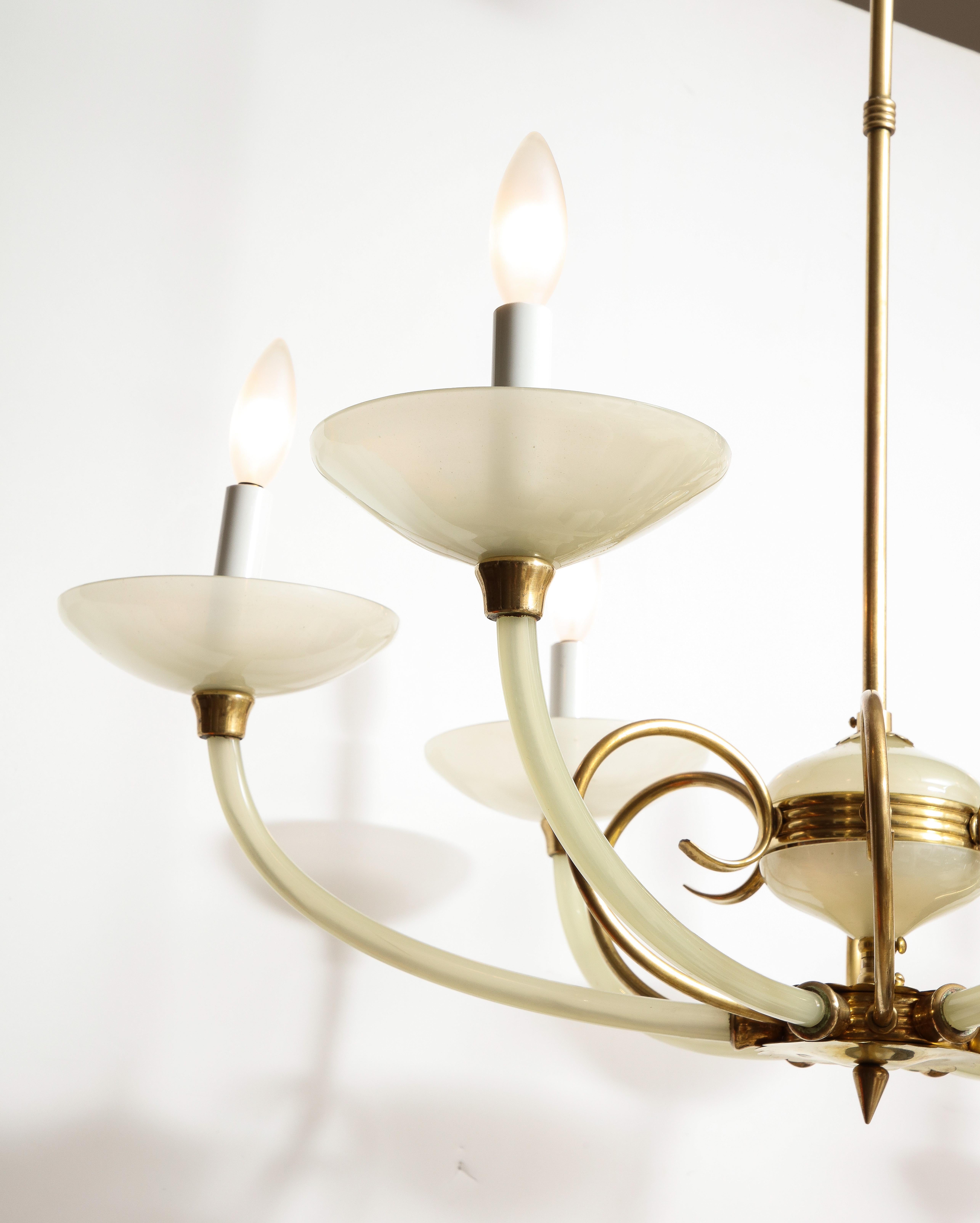 Italian Opaline Glass and Brass Six Arm Chandelier, Italy, circa 1950 In Good Condition For Sale In New York, NY