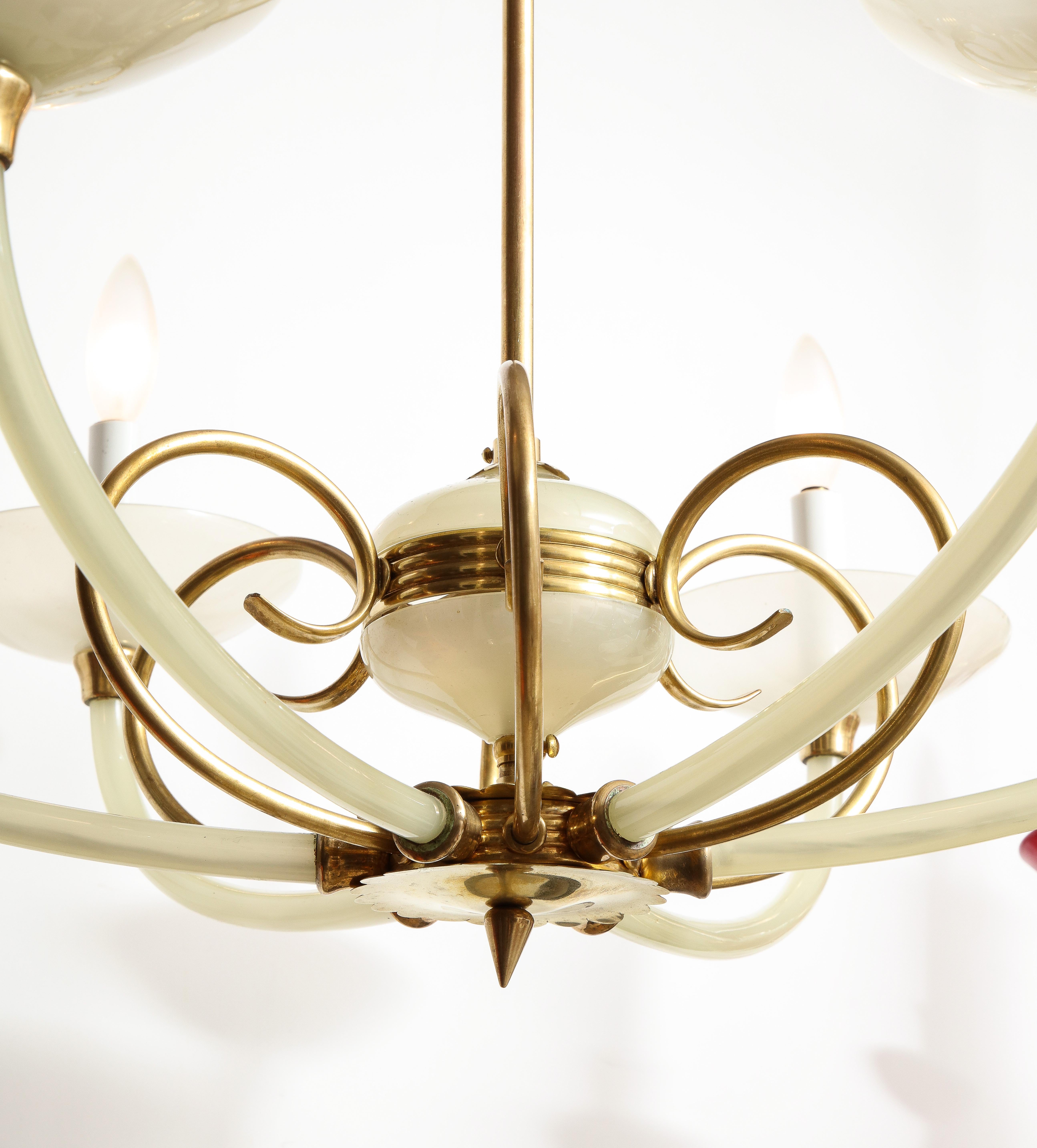 Mid-20th Century Italian Opaline Glass and Brass Six Arm Chandelier, Italy, circa 1950 For Sale
