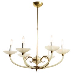 Italian Opaline Glass and Brass Six Arm Chandelier, Italy, circa 1950
