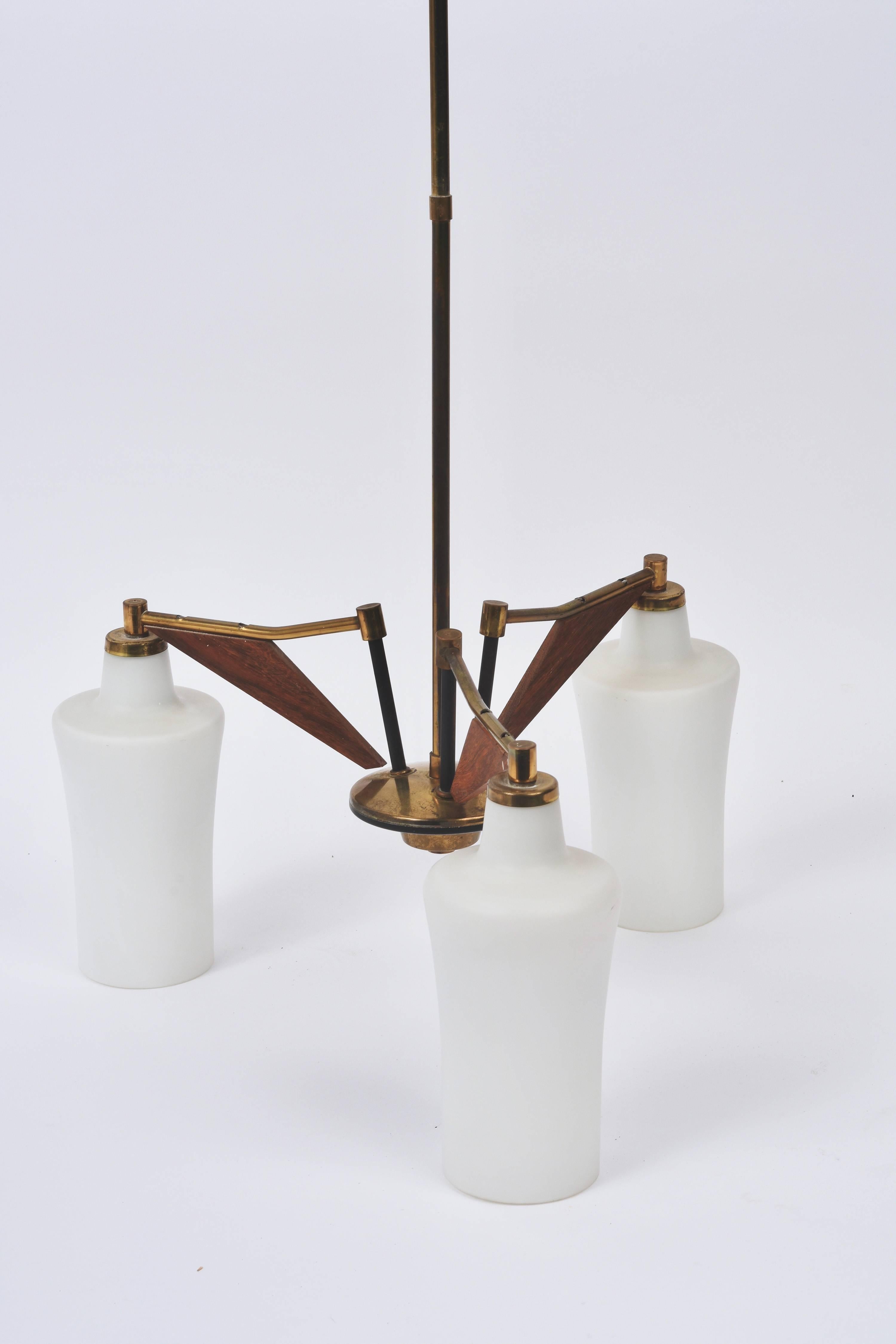Mid-20th Century Italian Opaline Glass, Brass and Teak Chandelier Attributed to Stilnovo, 1960s