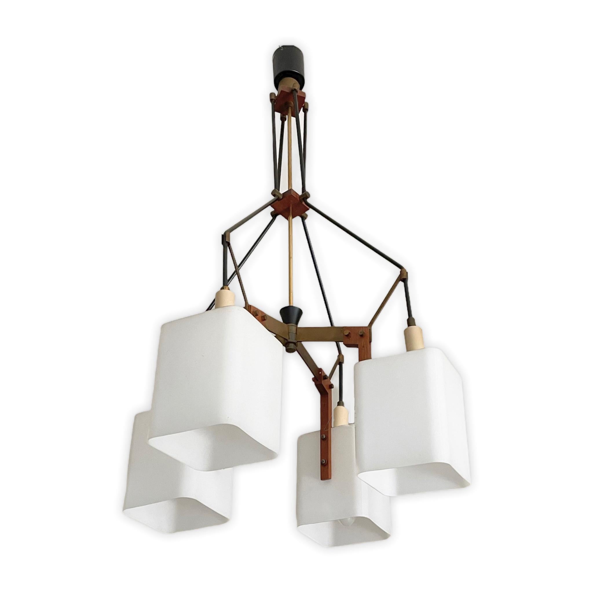 Italian Opaline Glass, Brass and Teak Chandelier Attributed to Stilnovo, 1960s For Sale 8