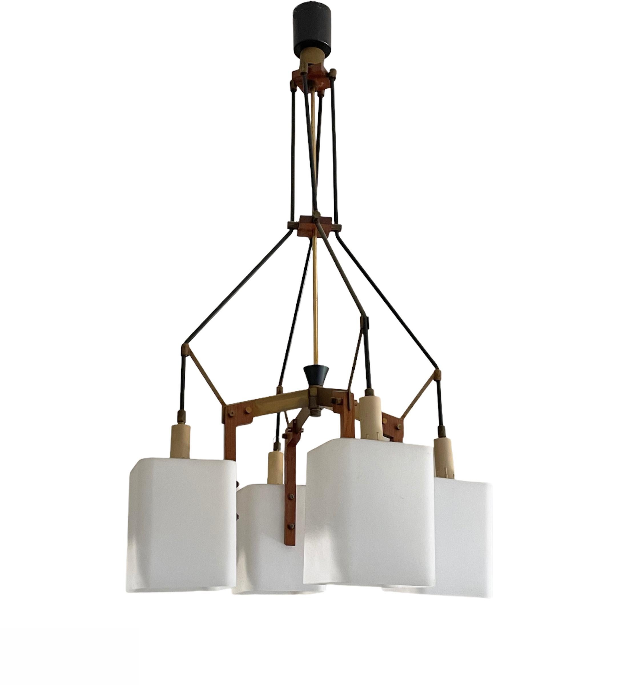 Italian Opaline Glass, Brass and Teak Chandelier Attributed to Stilnovo, 1960s For Sale 11