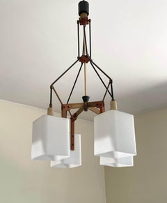 Italian Opaline Glass, Brass and Teak Chandelier Attributed to Stilnovo, 1960s
