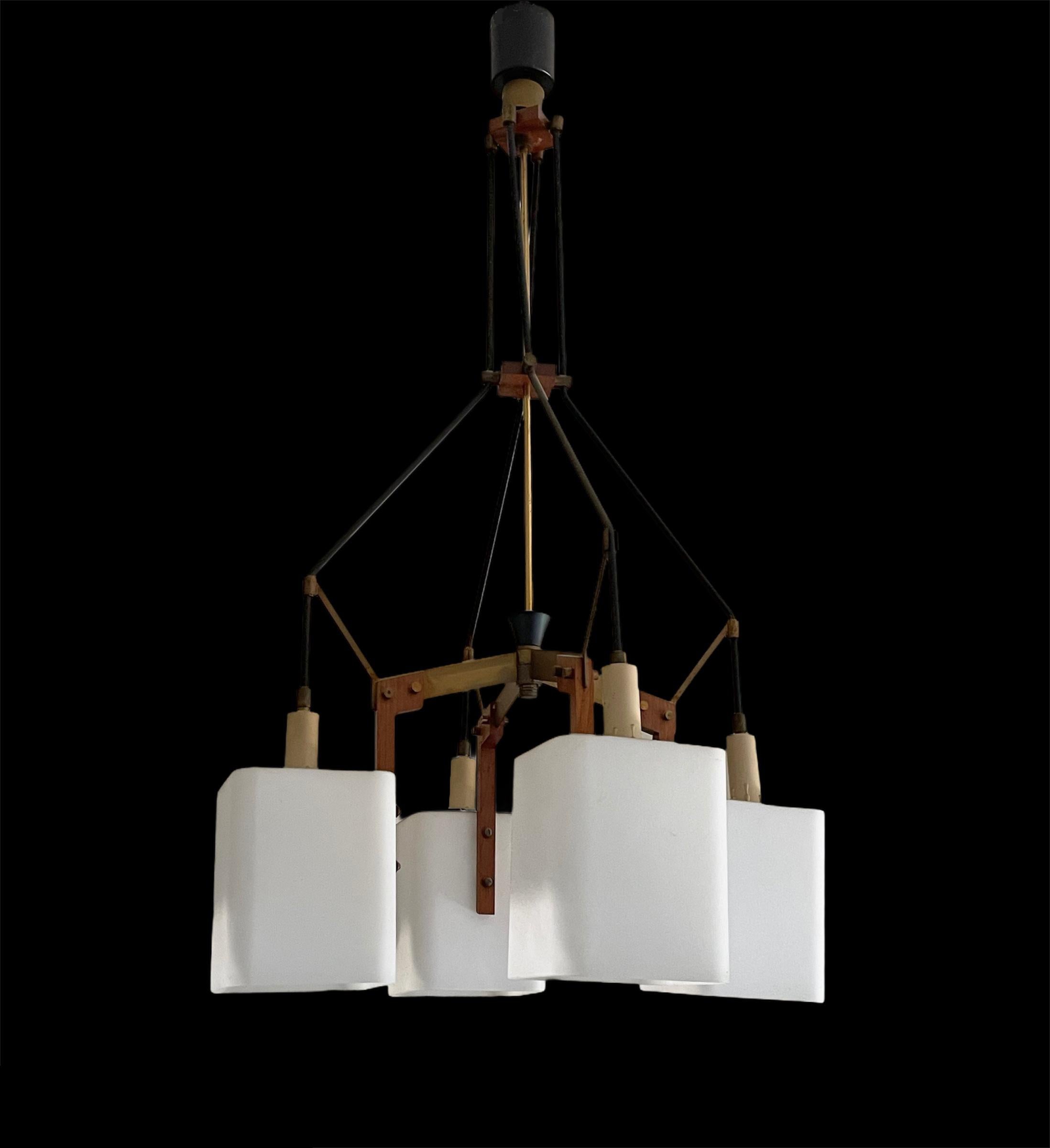 Italian Opaline Glass, Brass and Teak Chandelier Attributed to Stilnovo, 1960s For Sale 2