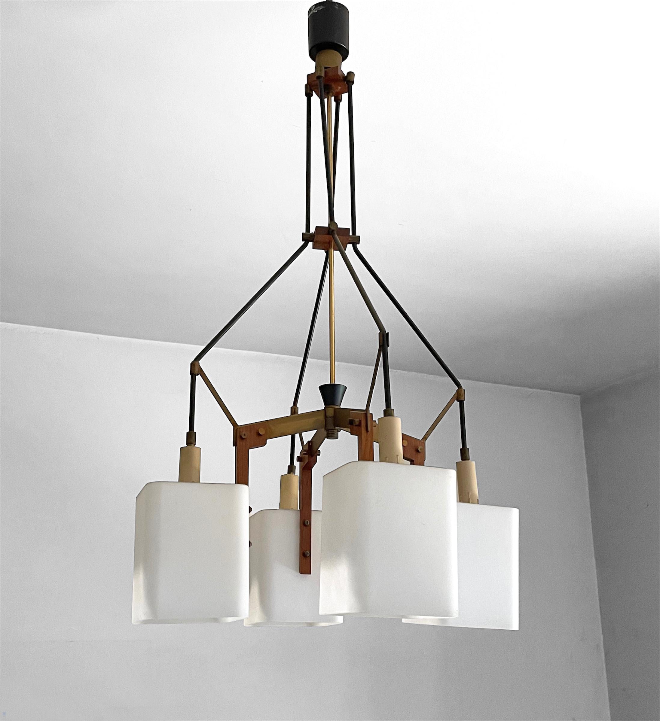 Italian Opaline Glass, Brass and Teak Chandelier Attributed to Stilnovo, 1960s For Sale 4