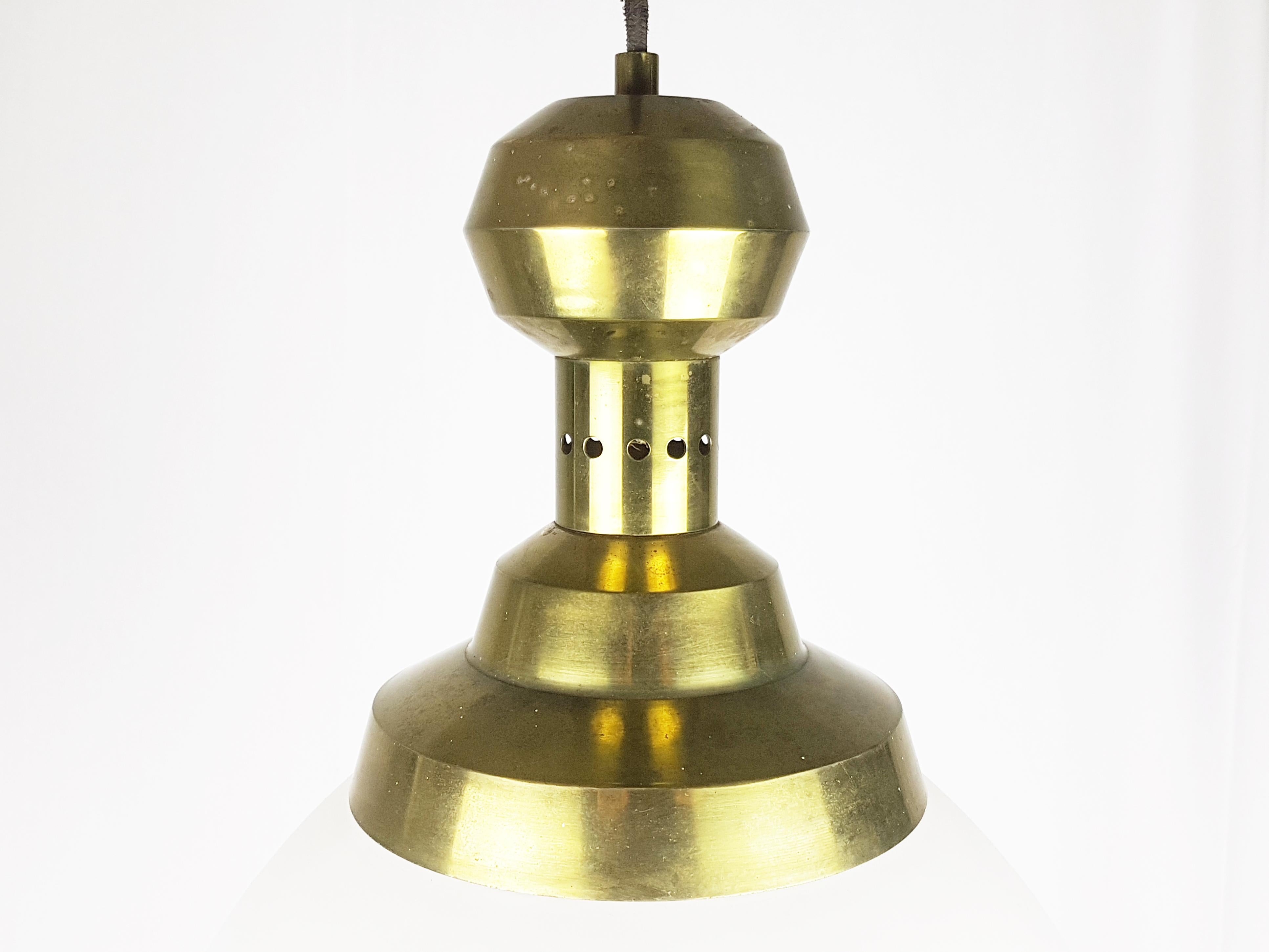 Painted Italian Opaline Glass Brass Pendant Lamp in the Style of Azucena, 1950s For Sale