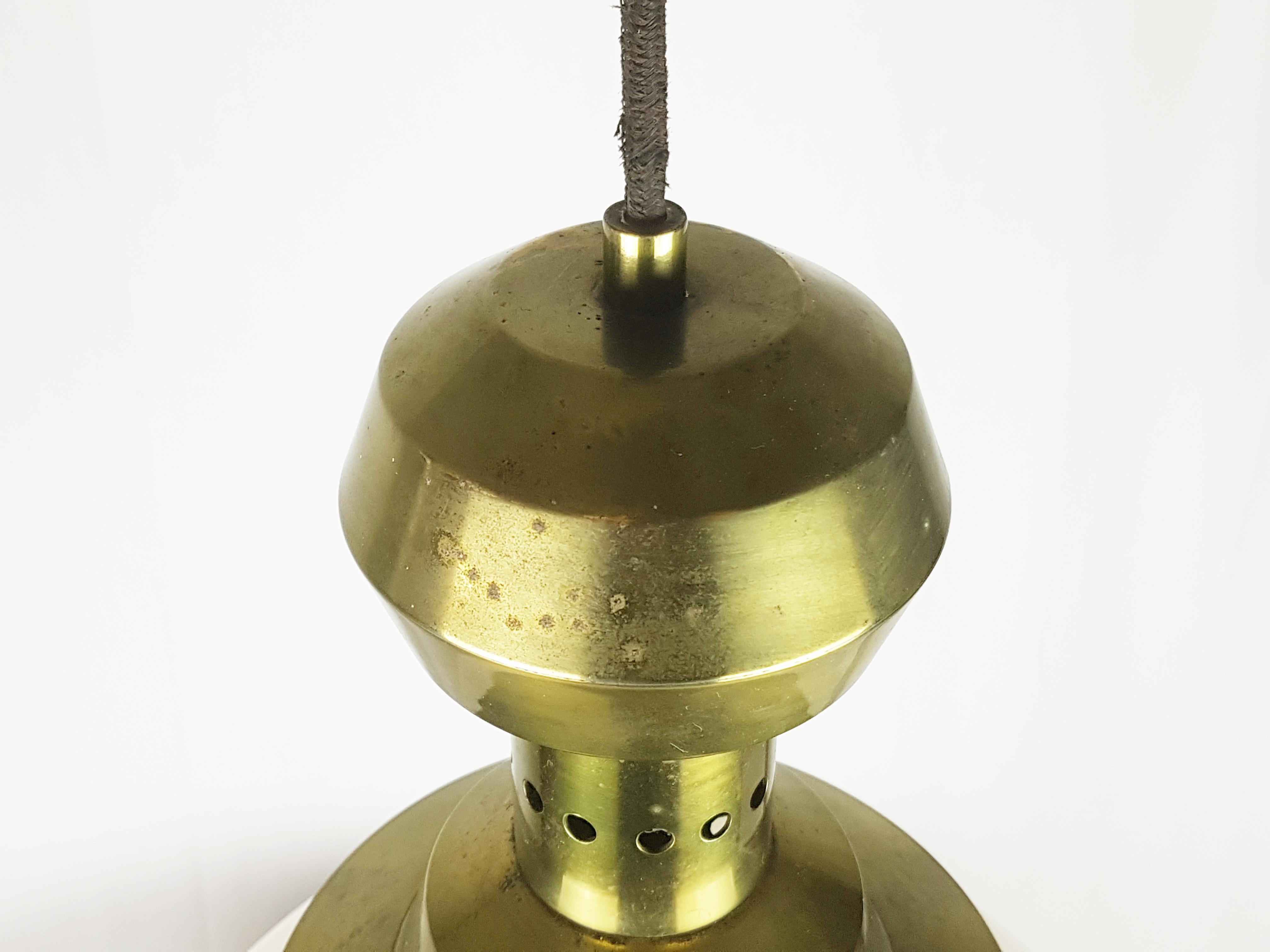 Aluminum Italian Opaline Glass Brass Pendant Lamp in the Style of Azucena, 1950s For Sale