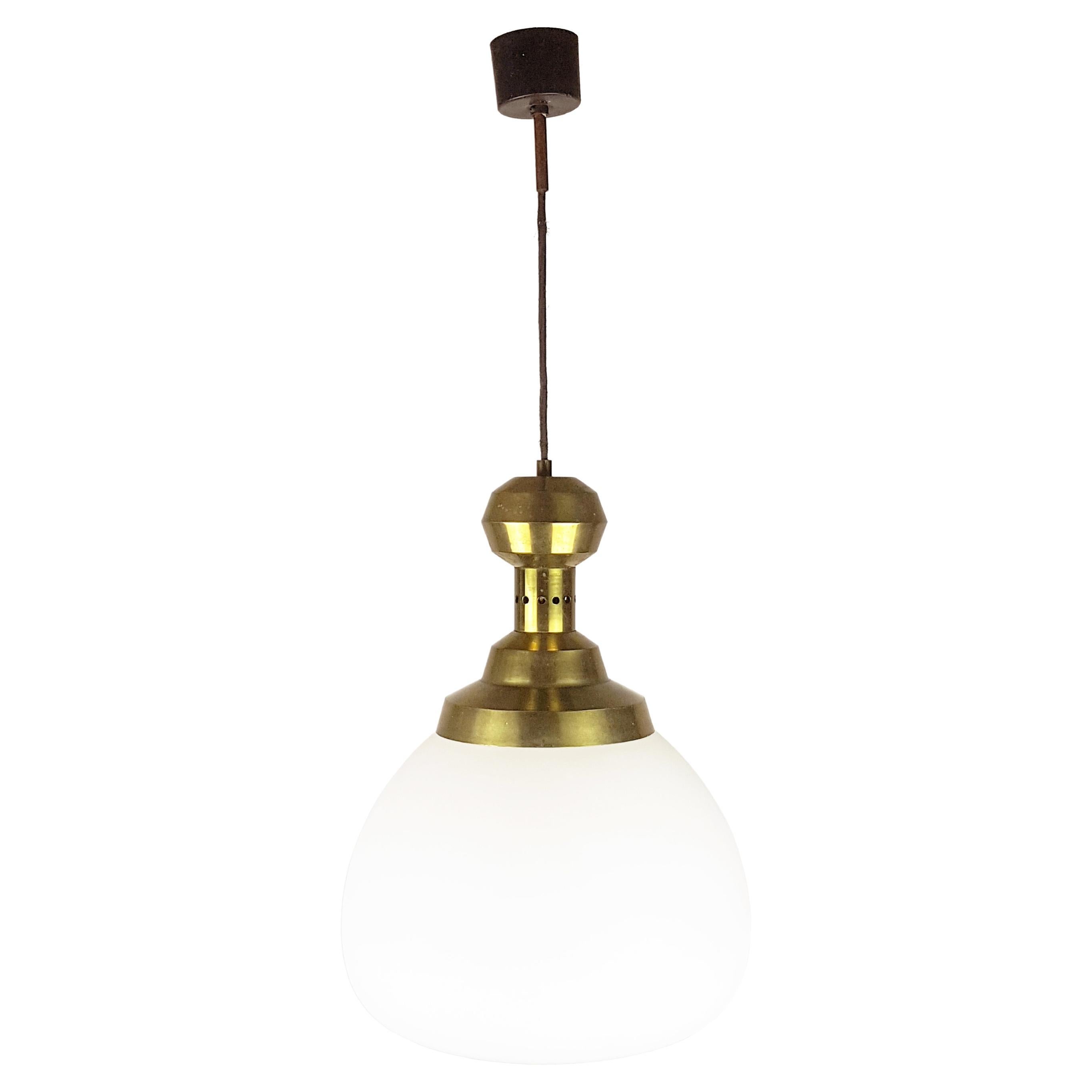 Italian Opaline Glass Brass Pendant Lamp in the Style of Azucena, 1950s For Sale