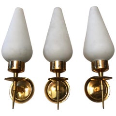Italian Opaline Glass and Brass Sconces from Arredoluce, 1950s, Set of 3