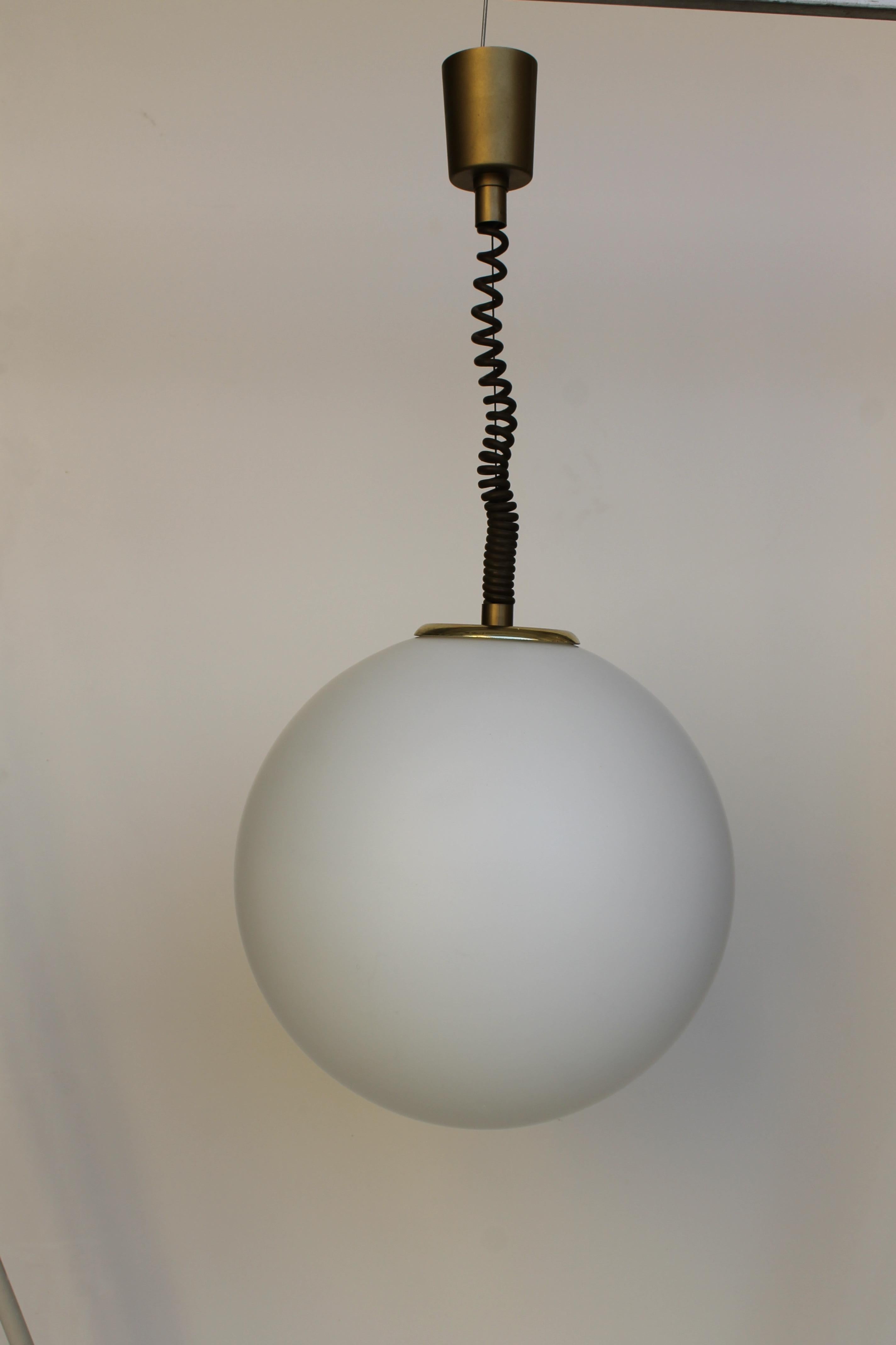 Mid-Century Modern Mid-Century Italian Opaline Spheric Glass Chandeliers Pendants Brass spheric For Sale