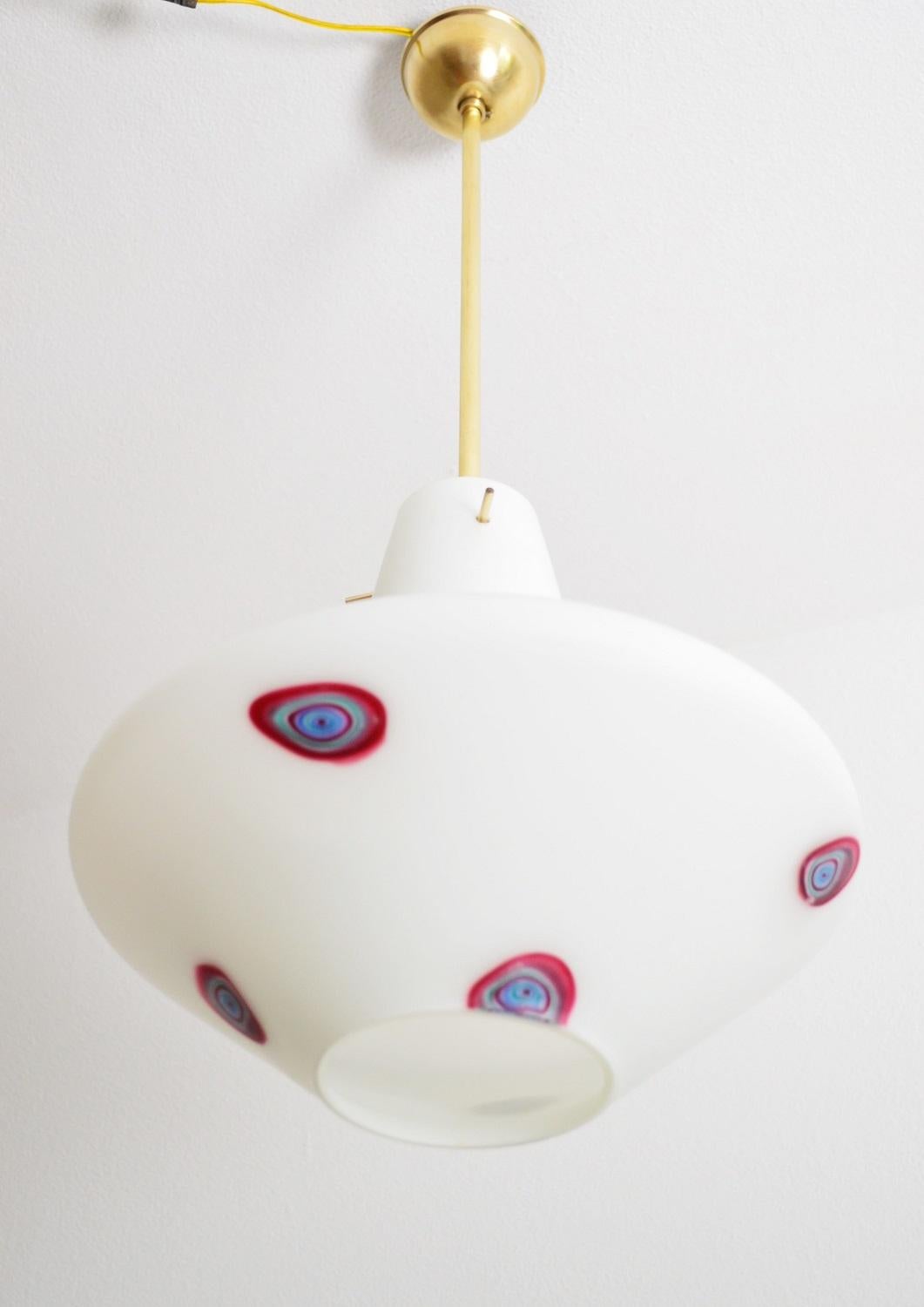 Mid-Century Modern Italian Opaline Glass Pendant with Colorful Glass Spots, 1960s