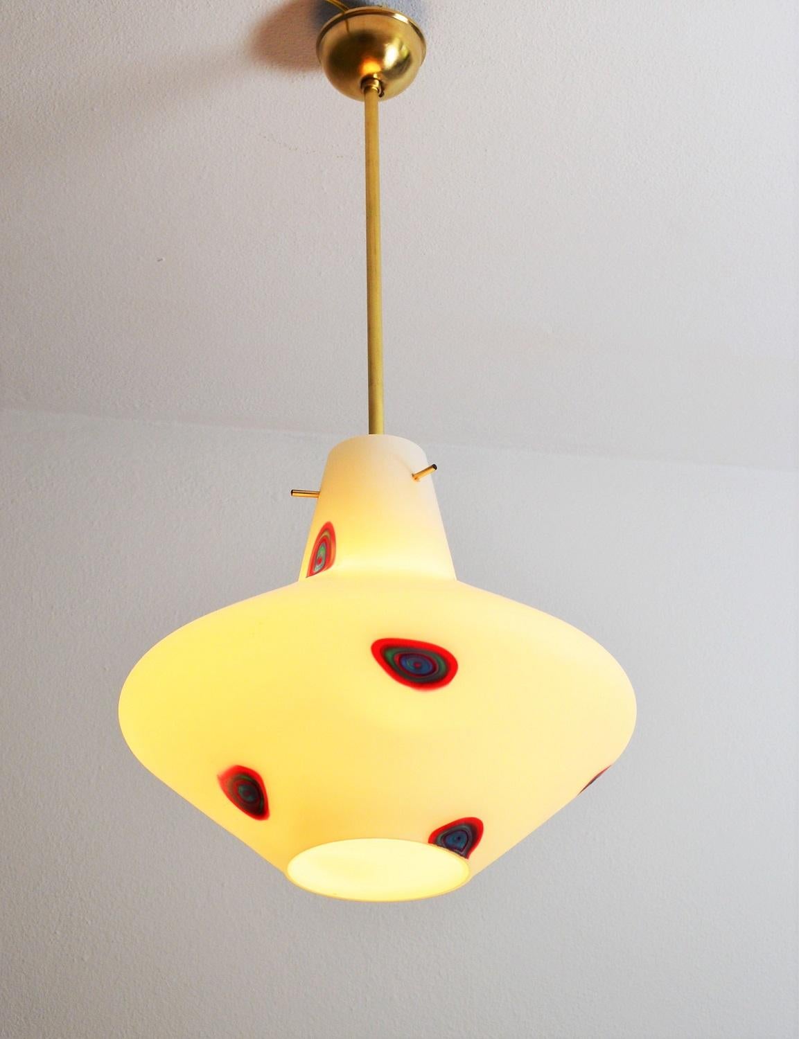Italian Opaline Glass Pendant with Colorful Glass Spots, 1960s In Excellent Condition In Morazzone, Varese