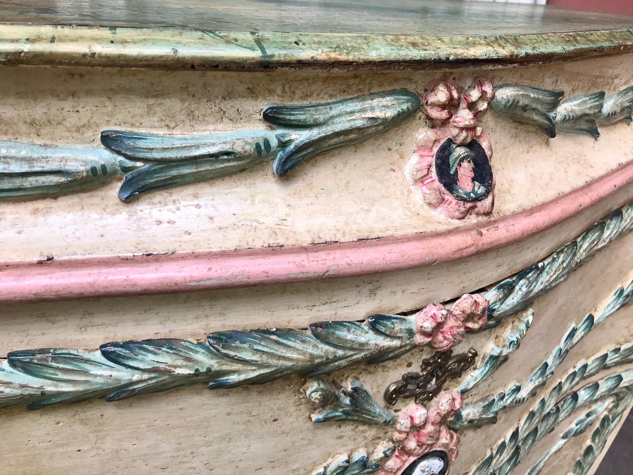 Italian or Venetian Pastel Painted Commode Carved in Relief For Sale 3