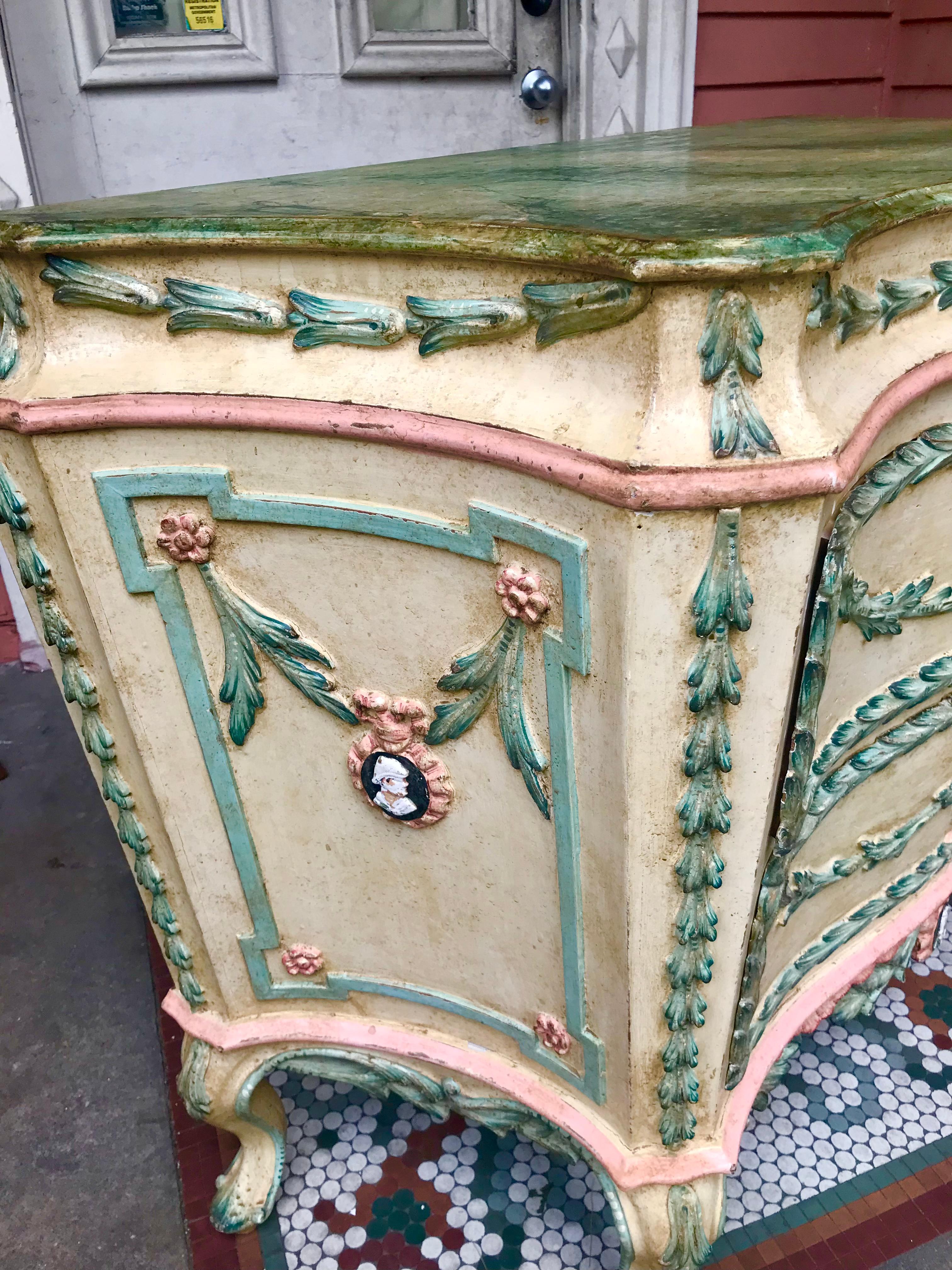 Chamfered Italian or Venetian Pastel Painted Commode Carved in Relief For Sale