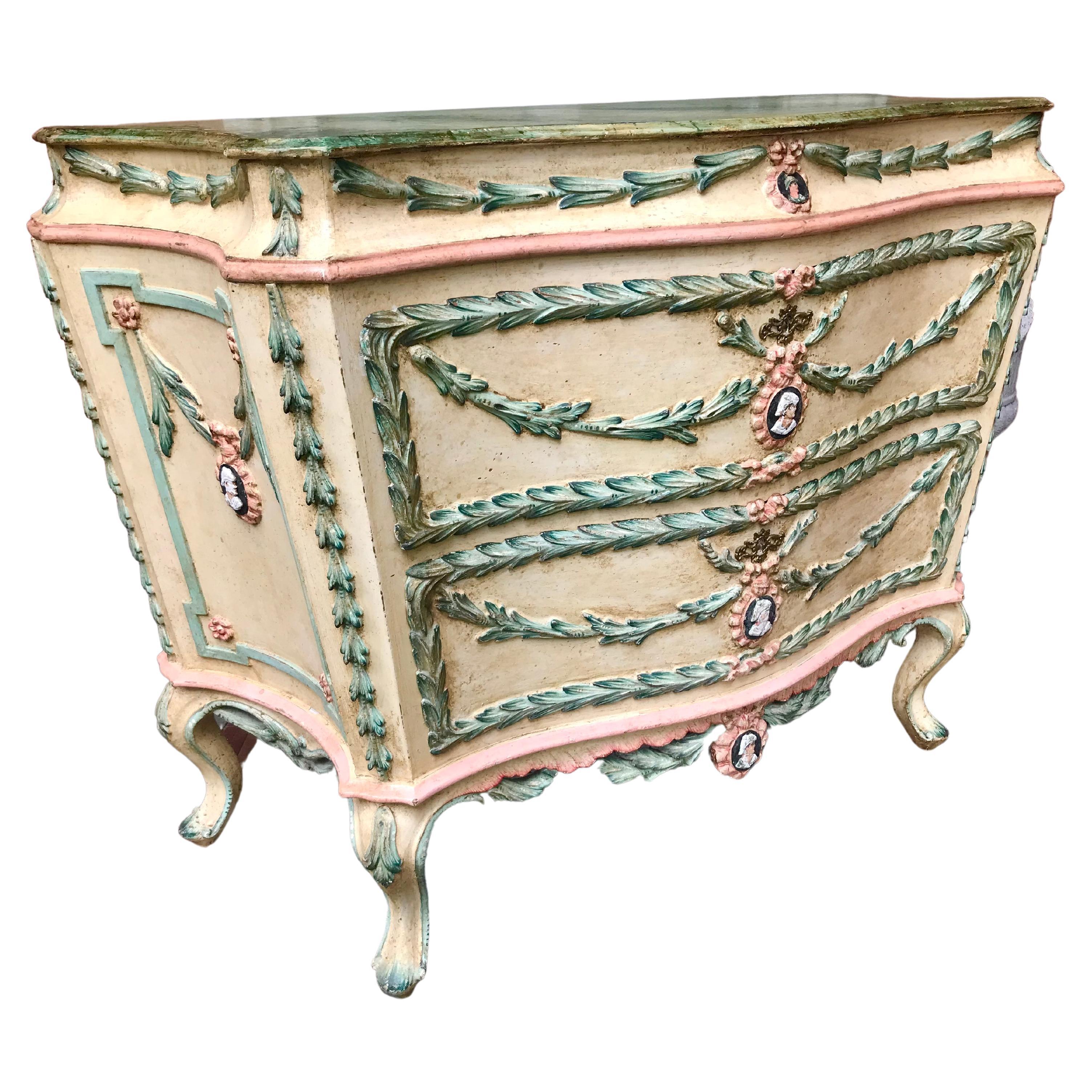 Italian or Venetian Pastel Painted Commode Carved in Relief For Sale