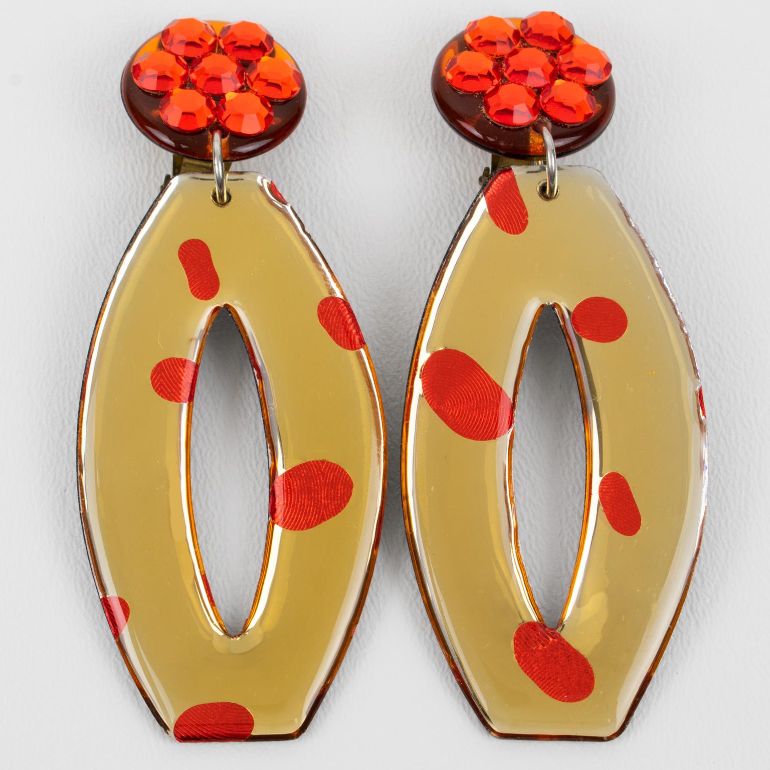 Modern Orange and Champagne Jeweled Resin Earrings For Sale