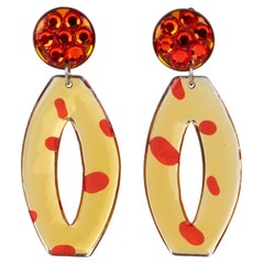 Italian Orange and Beige Lucite Geometric Dangle Clip Earrings