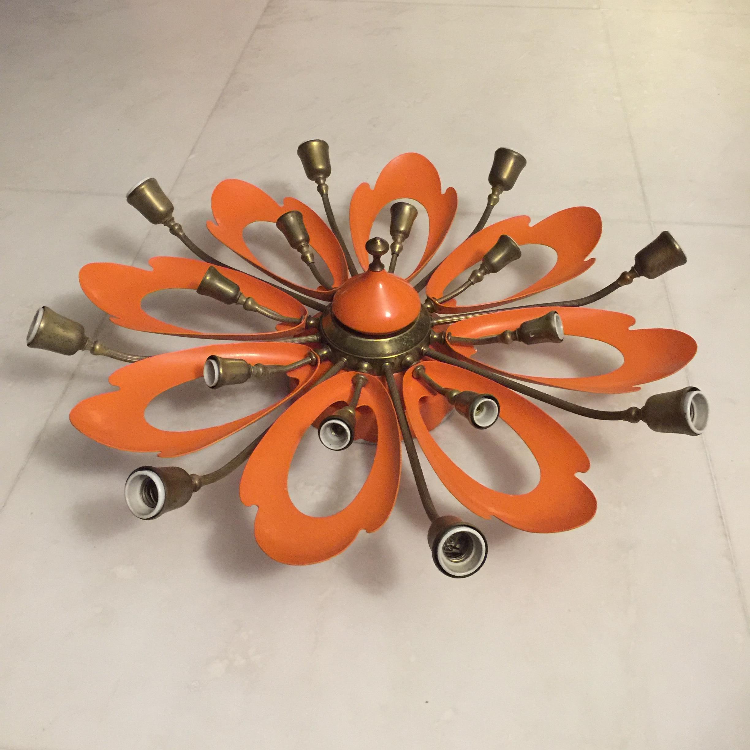 Italian Orange Ceiling Light in the Manner of Angelo Lelli, Arredoluce, 1950s In Excellent Condition For Sale In Catania, IT