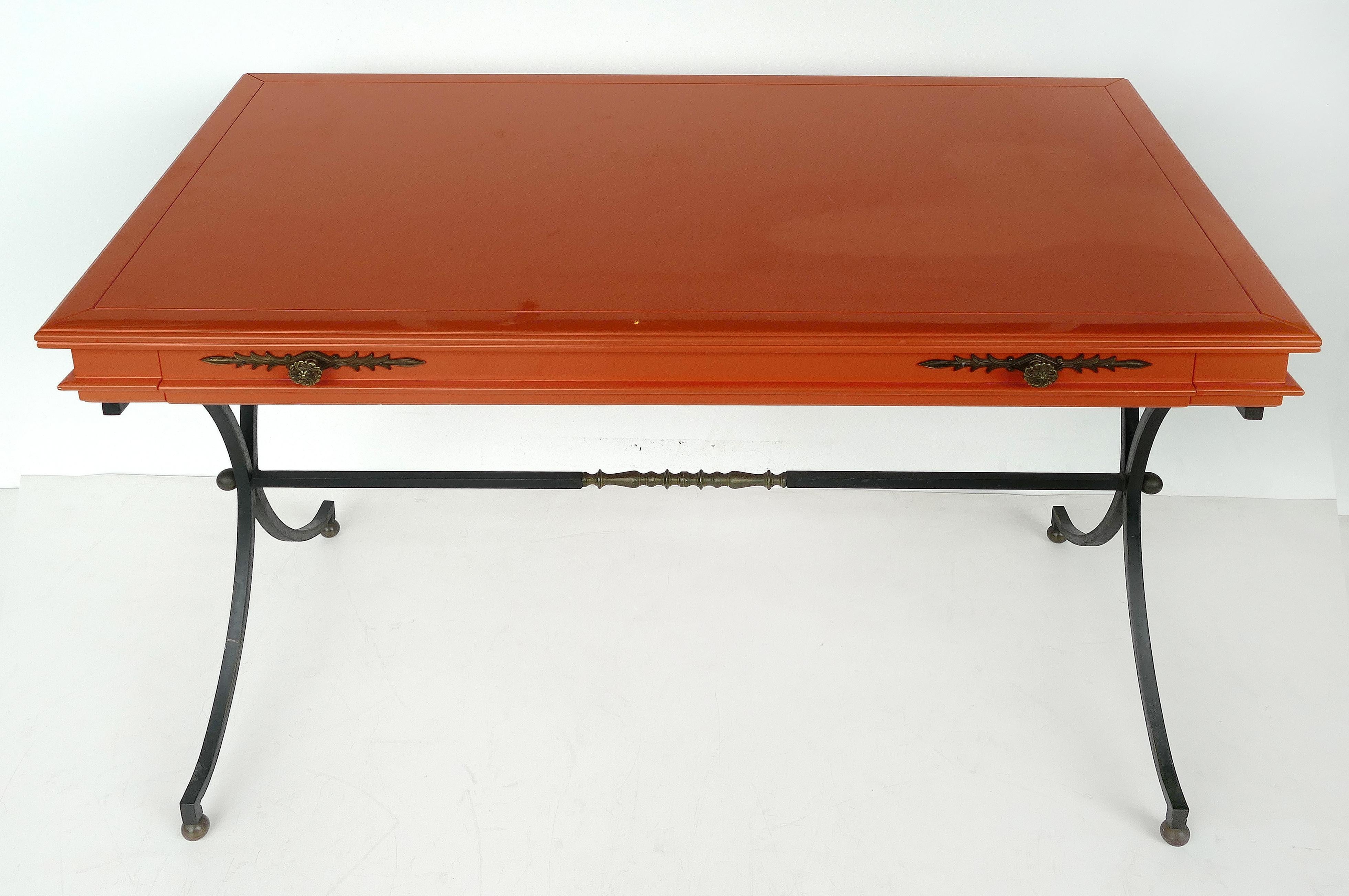 Lacquered Italian Orange Lacquer Wrought Iron Desk and Chair Set