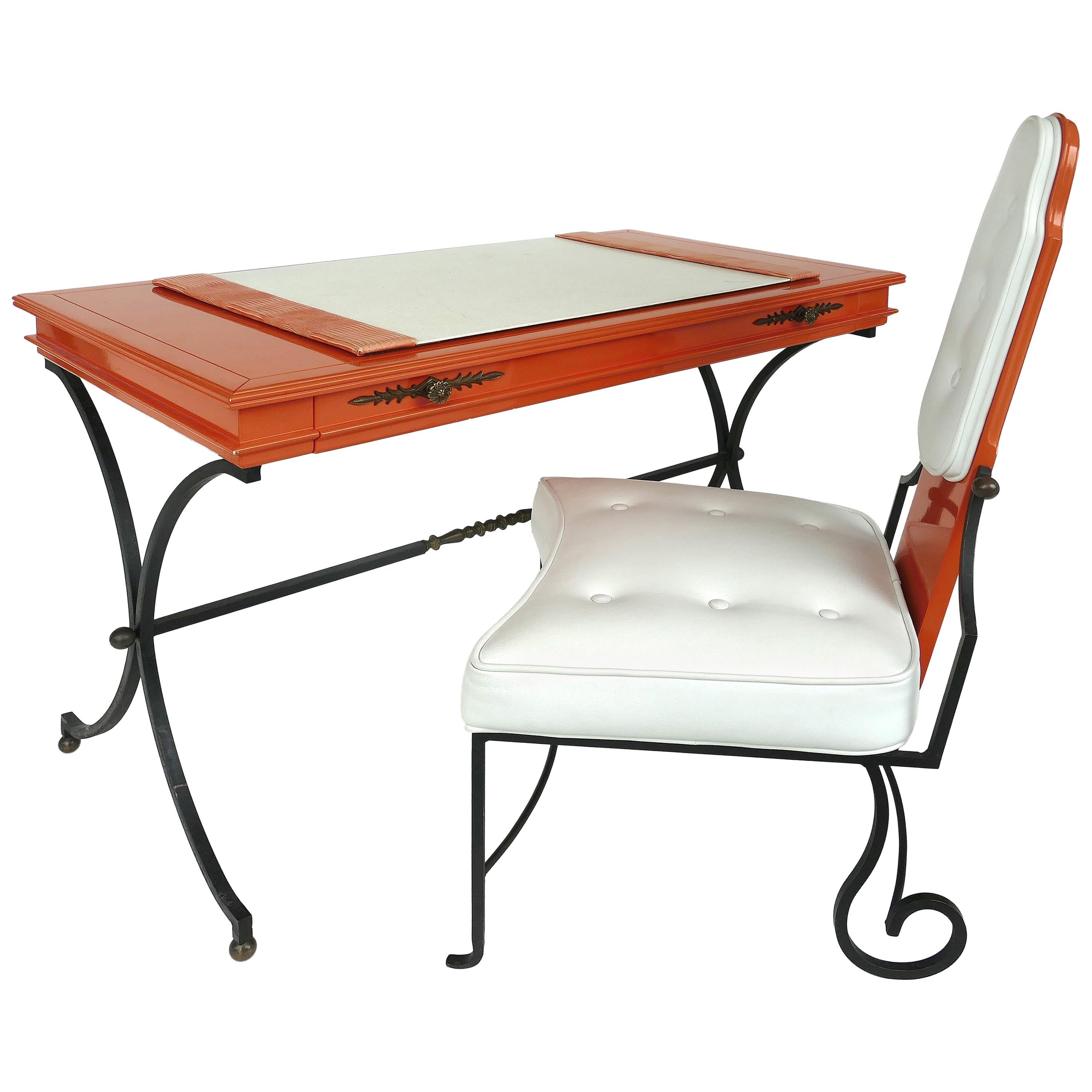 Italian Orange Lacquer Wrought Iron Desk and Chair Set