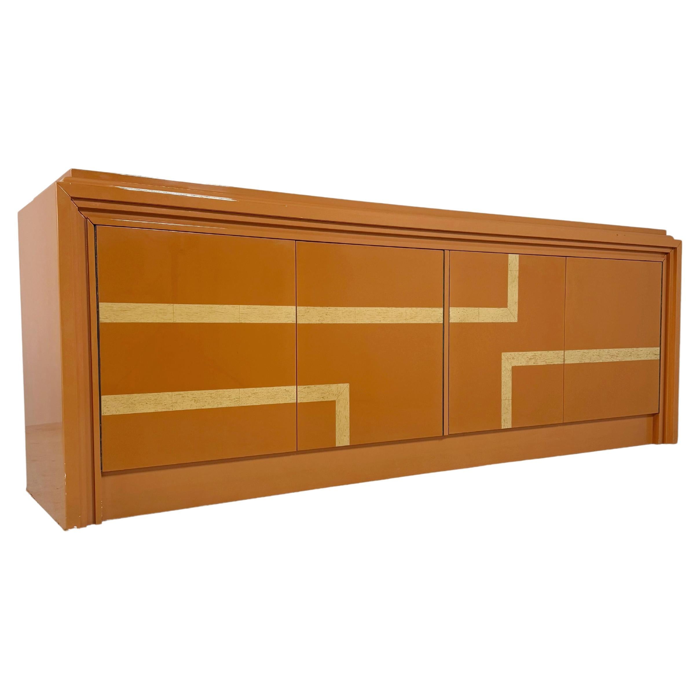 Italian orange lacquered sideboard with inlay, 1970s For Sale