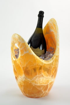 Secchiello per champagne in onice arancione italiano, design da collezione, intagliato a mano