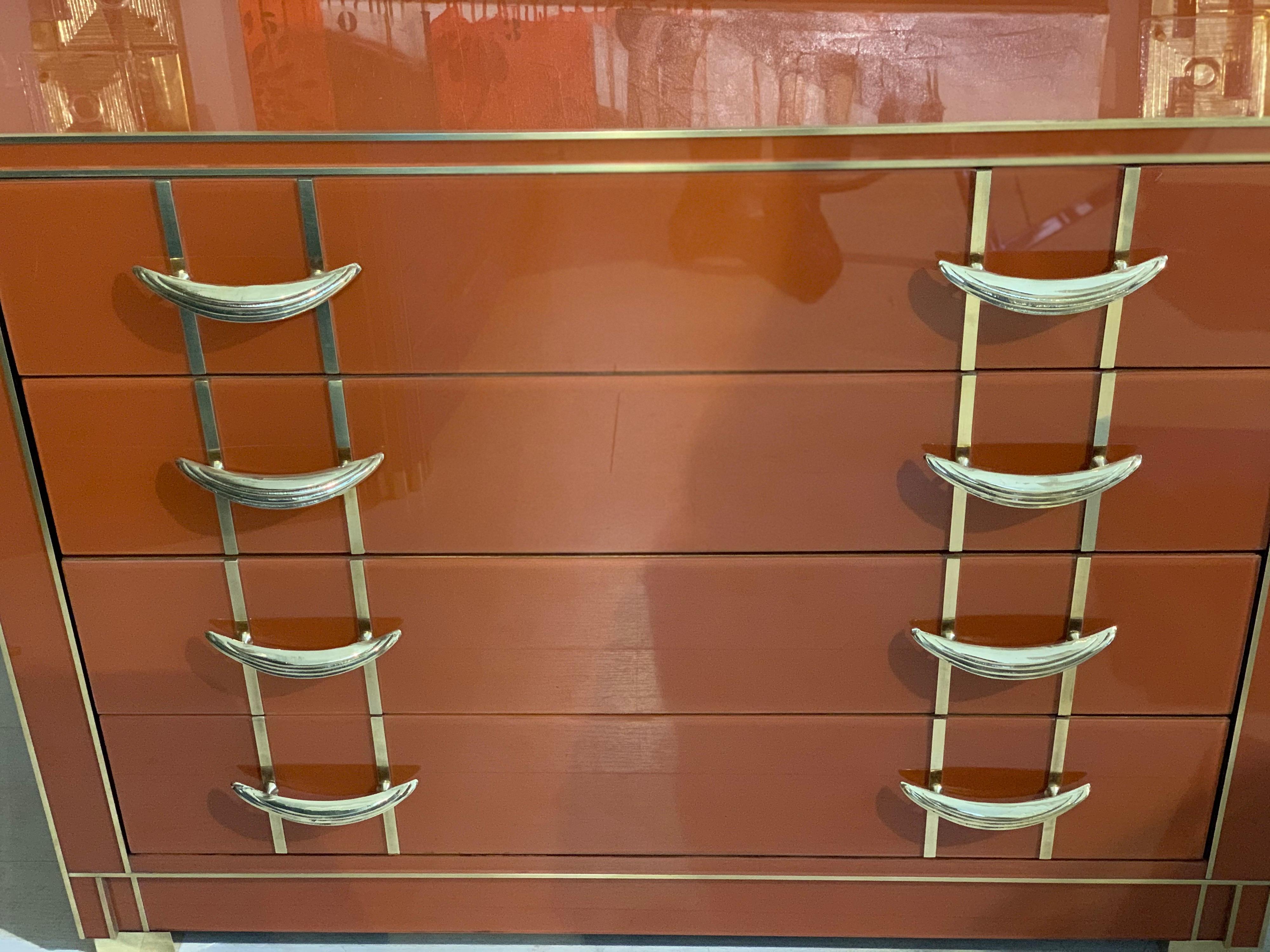 Italian Orange Opaline Glass Chest of Drawers with Brass Handles, 1980s For Sale 5