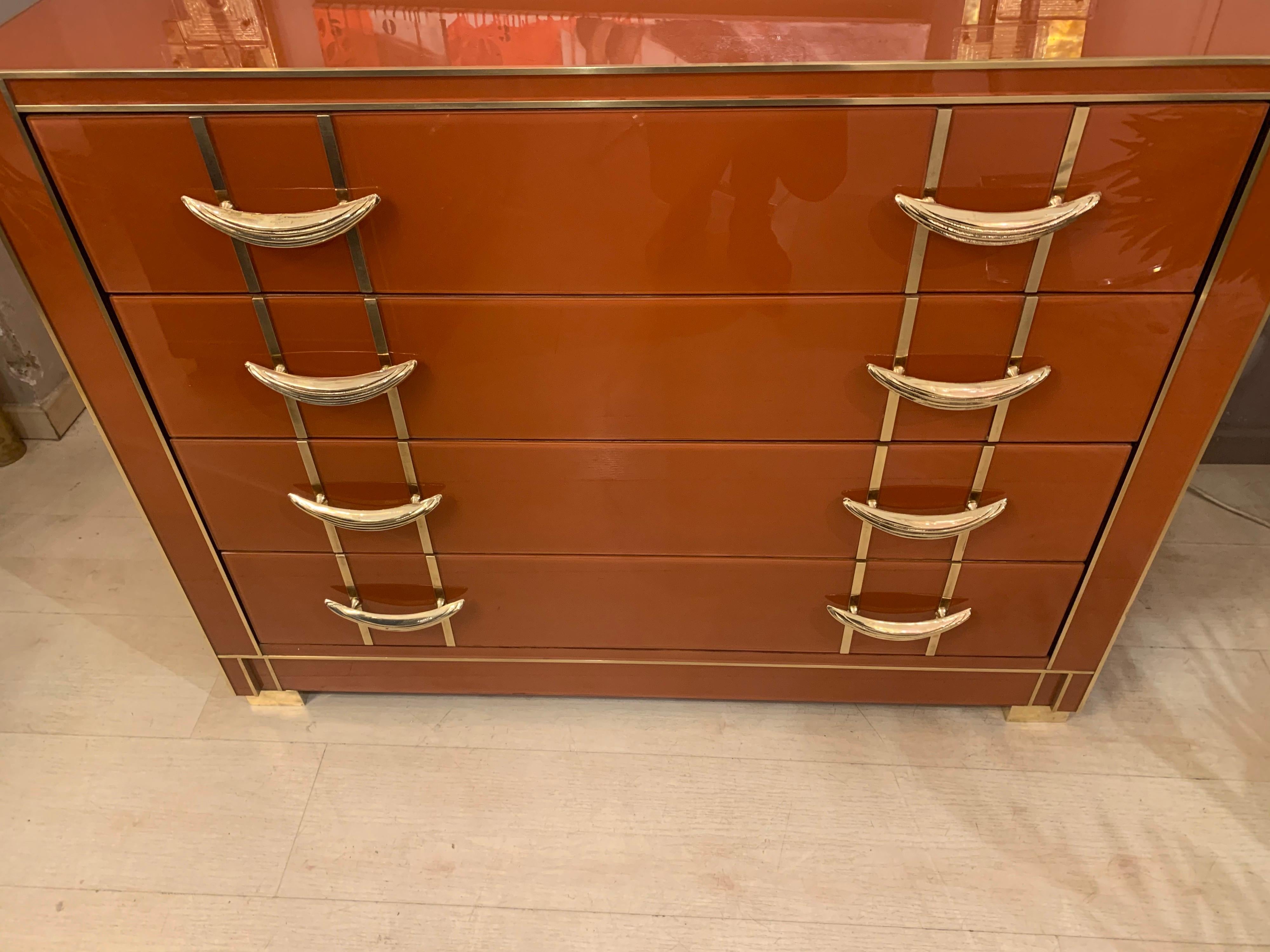 Italian Orange Opaline Glass Chest of Drawers with Brass Handles, 1980s For Sale 6