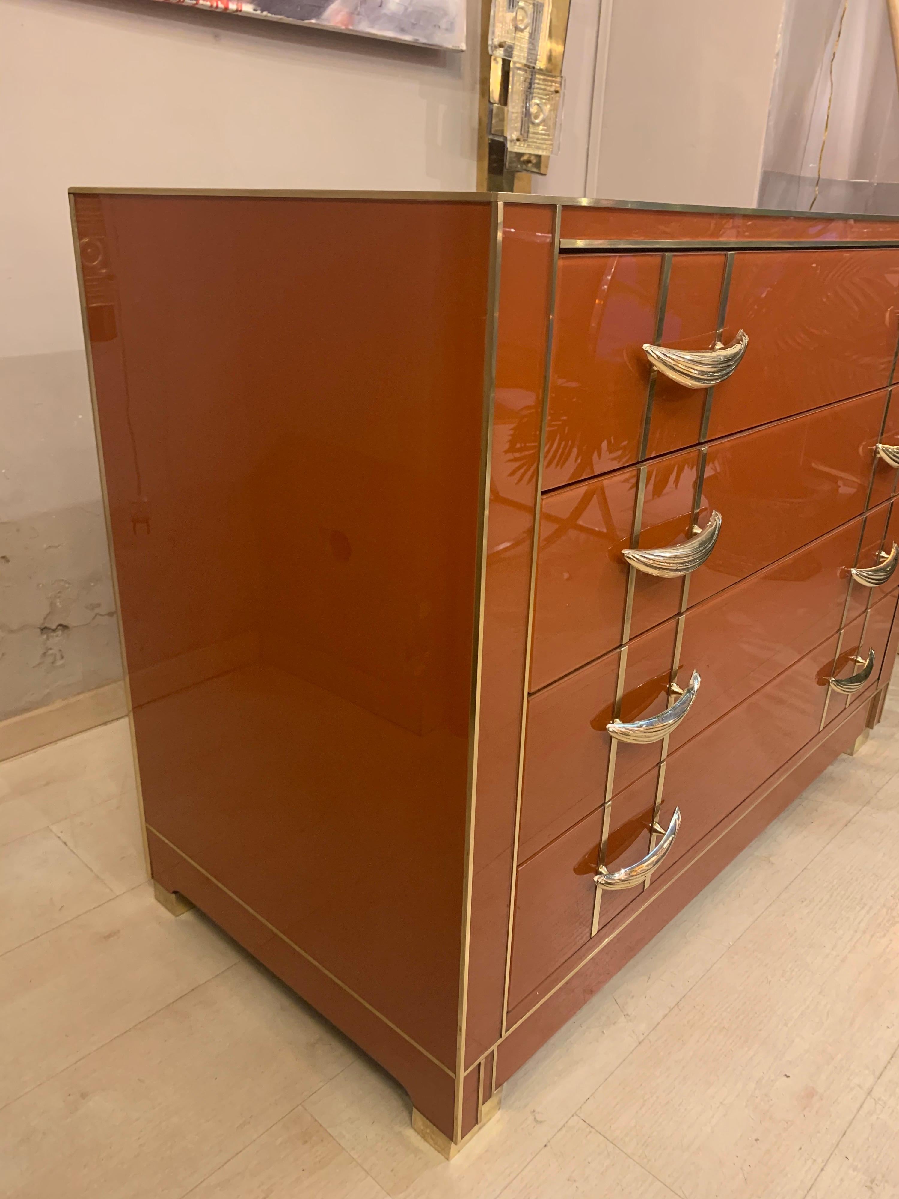 Italian Orange Opaline Glass Chest of Drawers with Brass Handles, 1980s For Sale 7