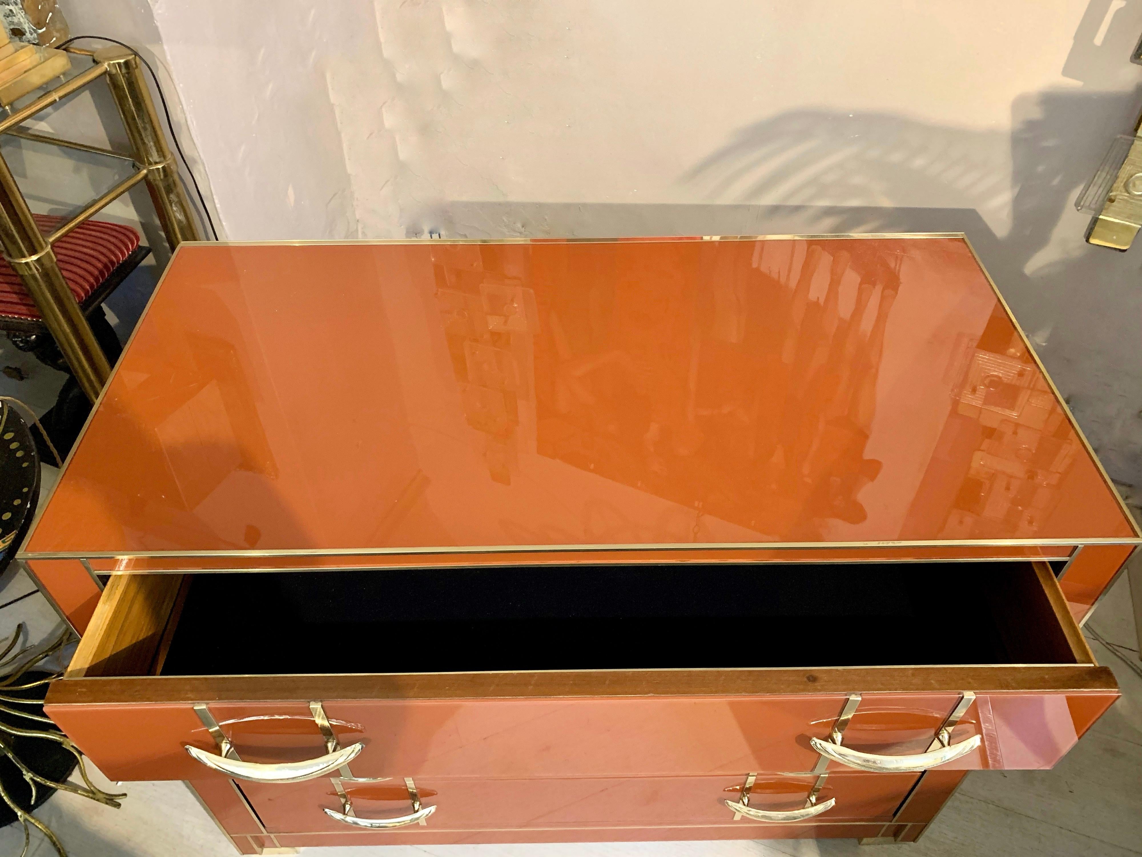 Italian Orange Opaline Glass Chest of Drawers with Brass Handles, 1980s For Sale 13