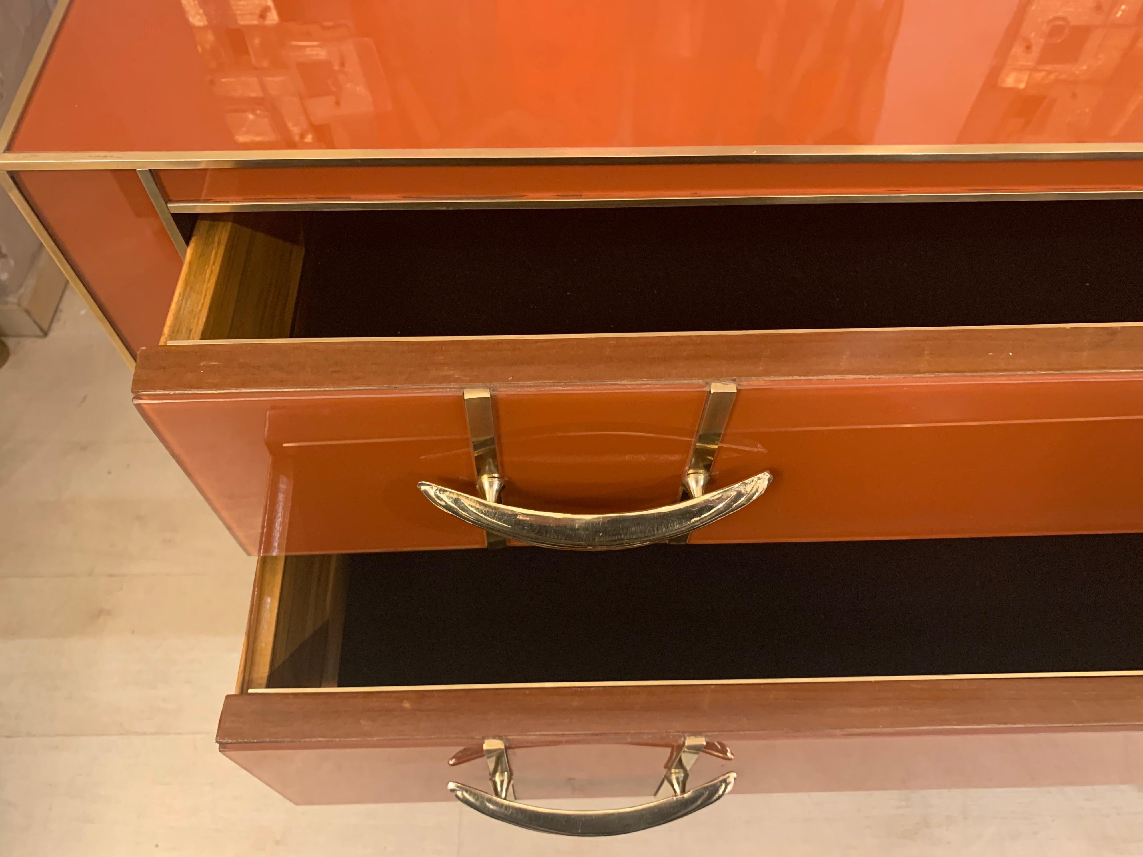 Italian Orange Opaline Glass Chest of Drawers with Brass Handles, 1980s For Sale 14