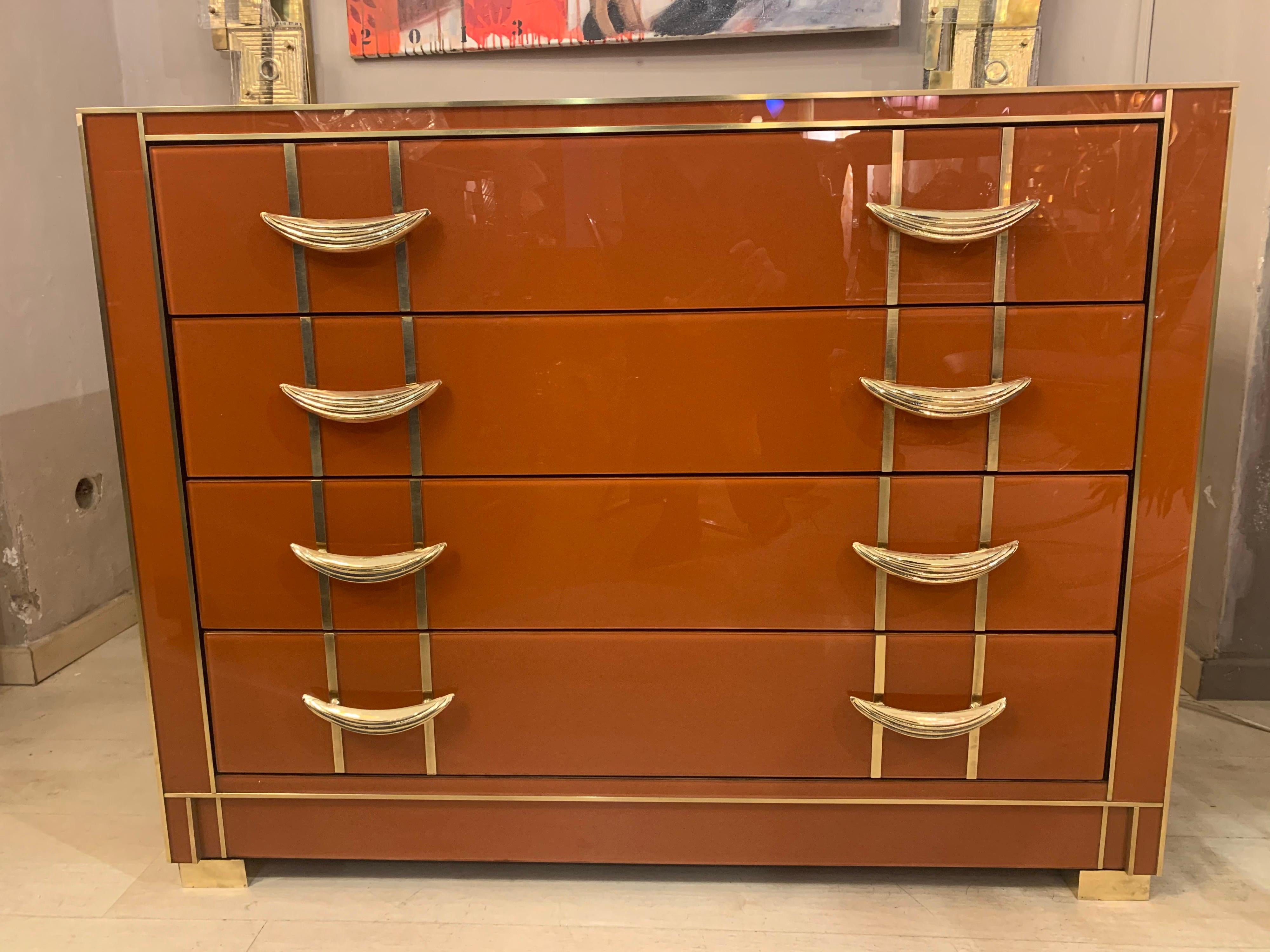 Modern Italian Orange Opaline Glass Chest of Drawers with Brass Handles, 1980s For Sale