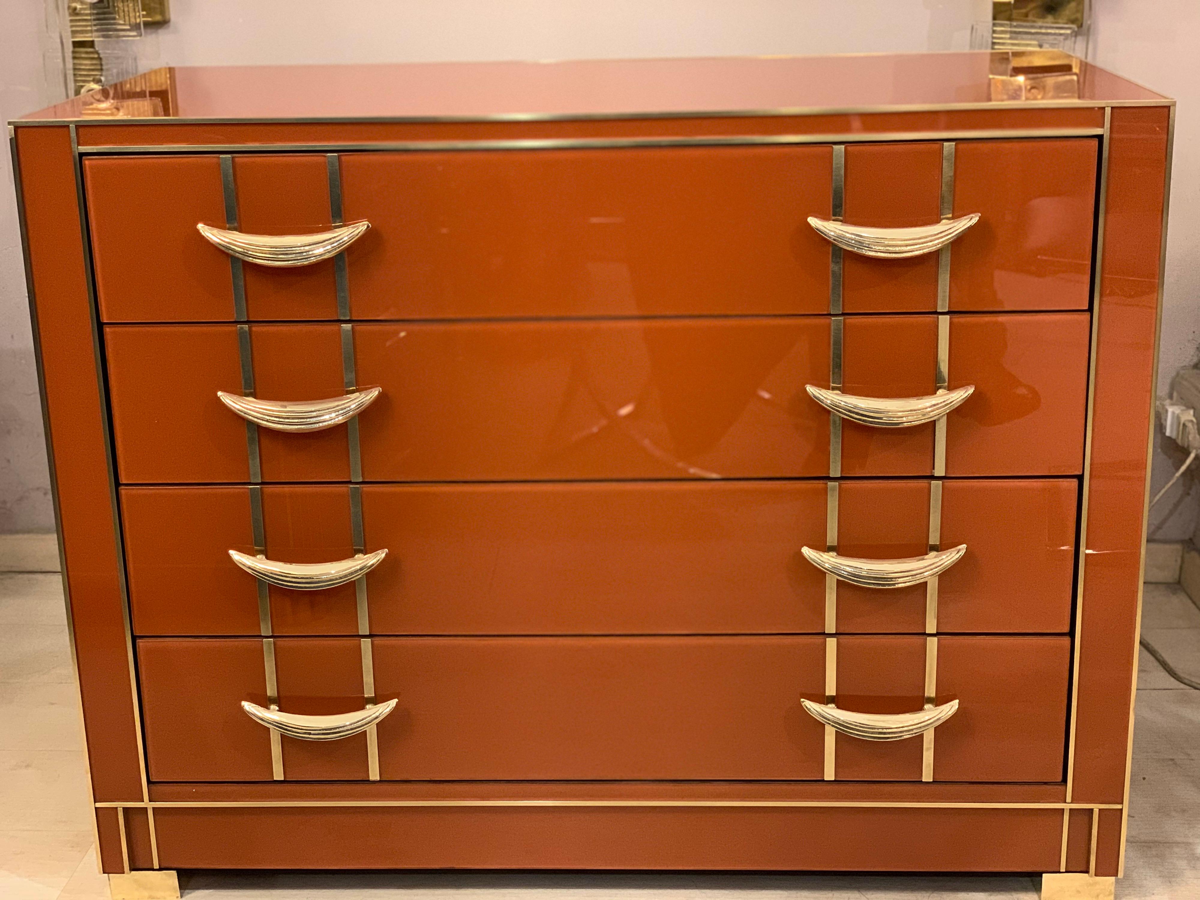 Italian Orange Opaline Glass Chest of Drawers with Brass Handles, 1980s In Good Condition For Sale In Florence, IT