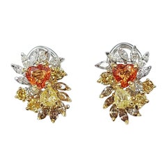 Boucles d'oreilles italiennes en or jaune 18 carats avec saphirs orange et diamants fantaisie
