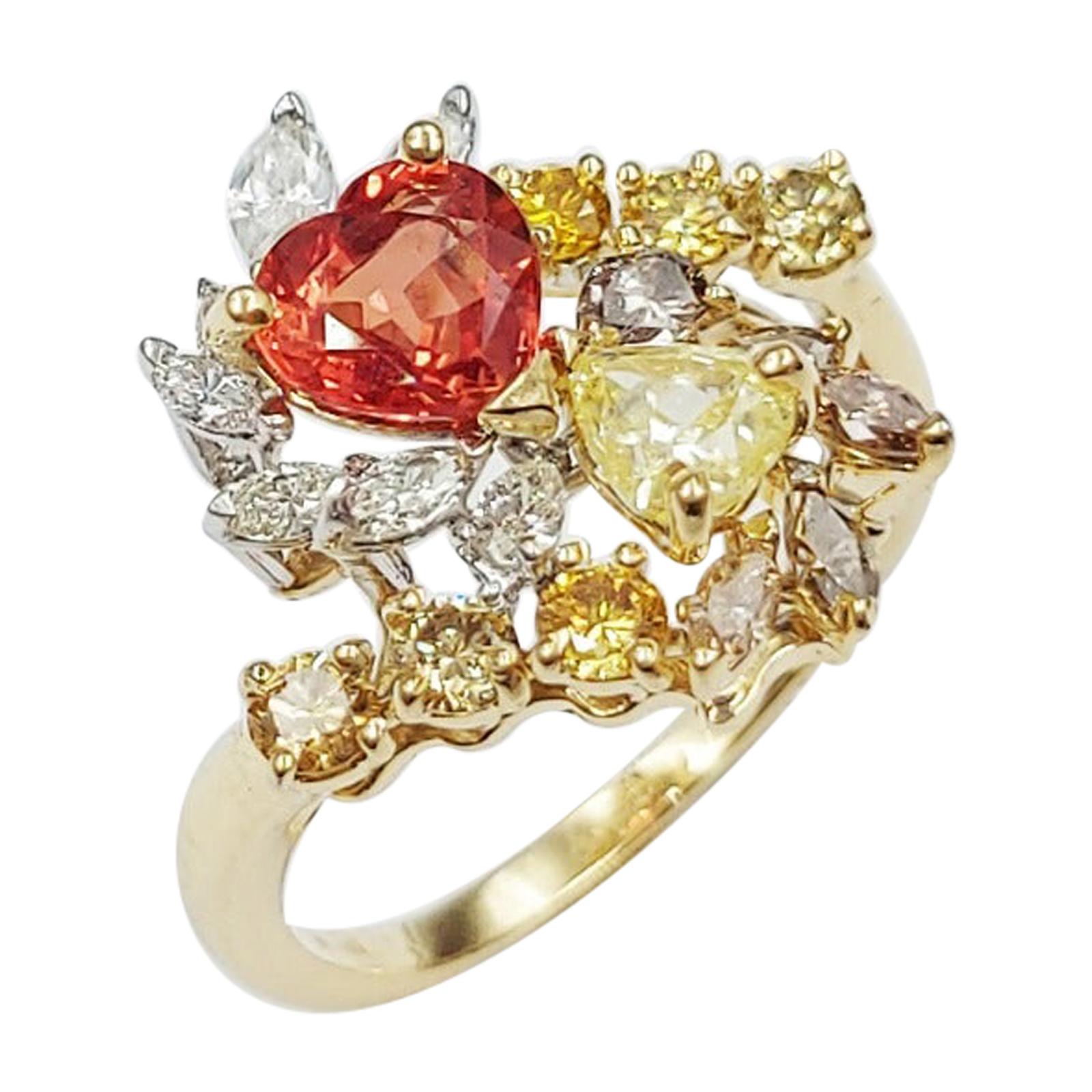 Italian Orange Sapphire Fancy Diamond Navette Diamond 18 Carats Yellow Gold Ring For Sale