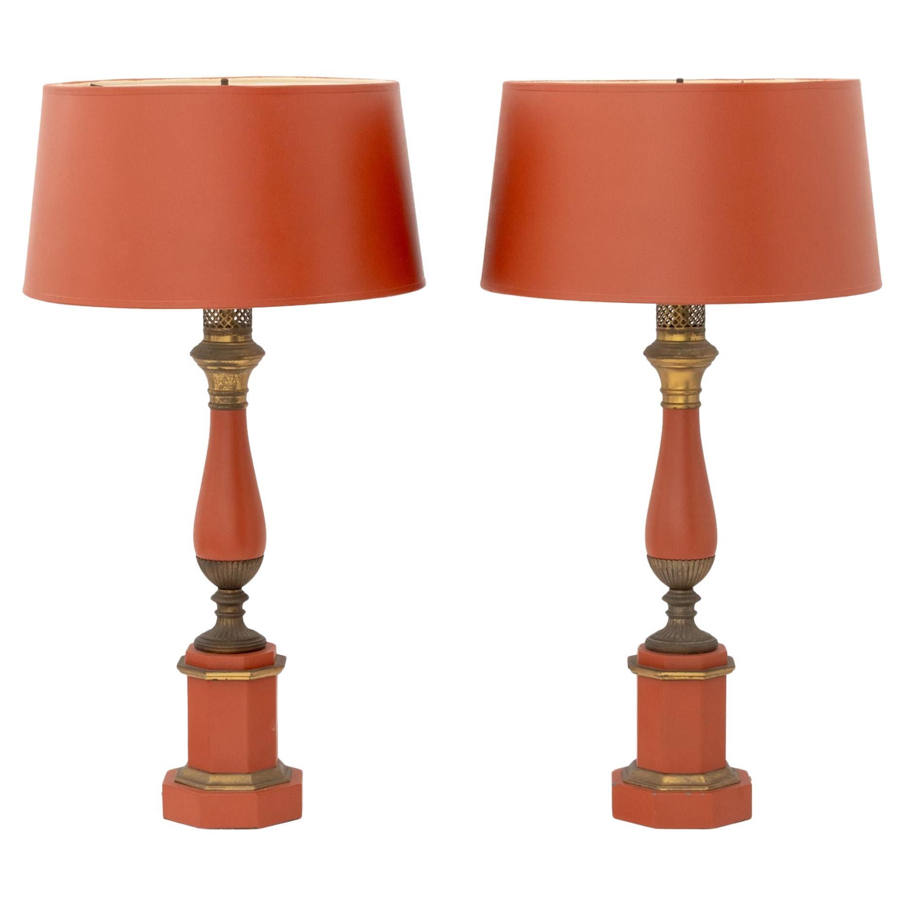 Italian Orange Toleware Table Lamps, Pair
